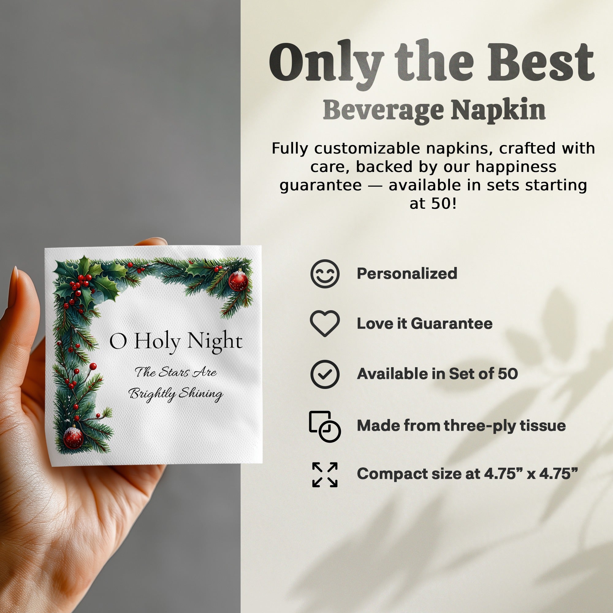 Religious Christmas Napkins – Custom Holiday Beverage Napkin with Quote – O Holy Night Design