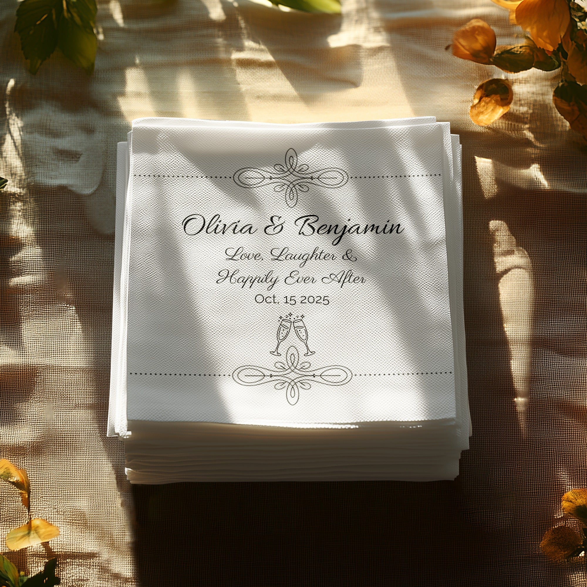 Personalized Wedding Napkins – Love, Laughter & Happily Ever After – Custom Wedding Napkin with Champagne Glasses – Celebration Theme