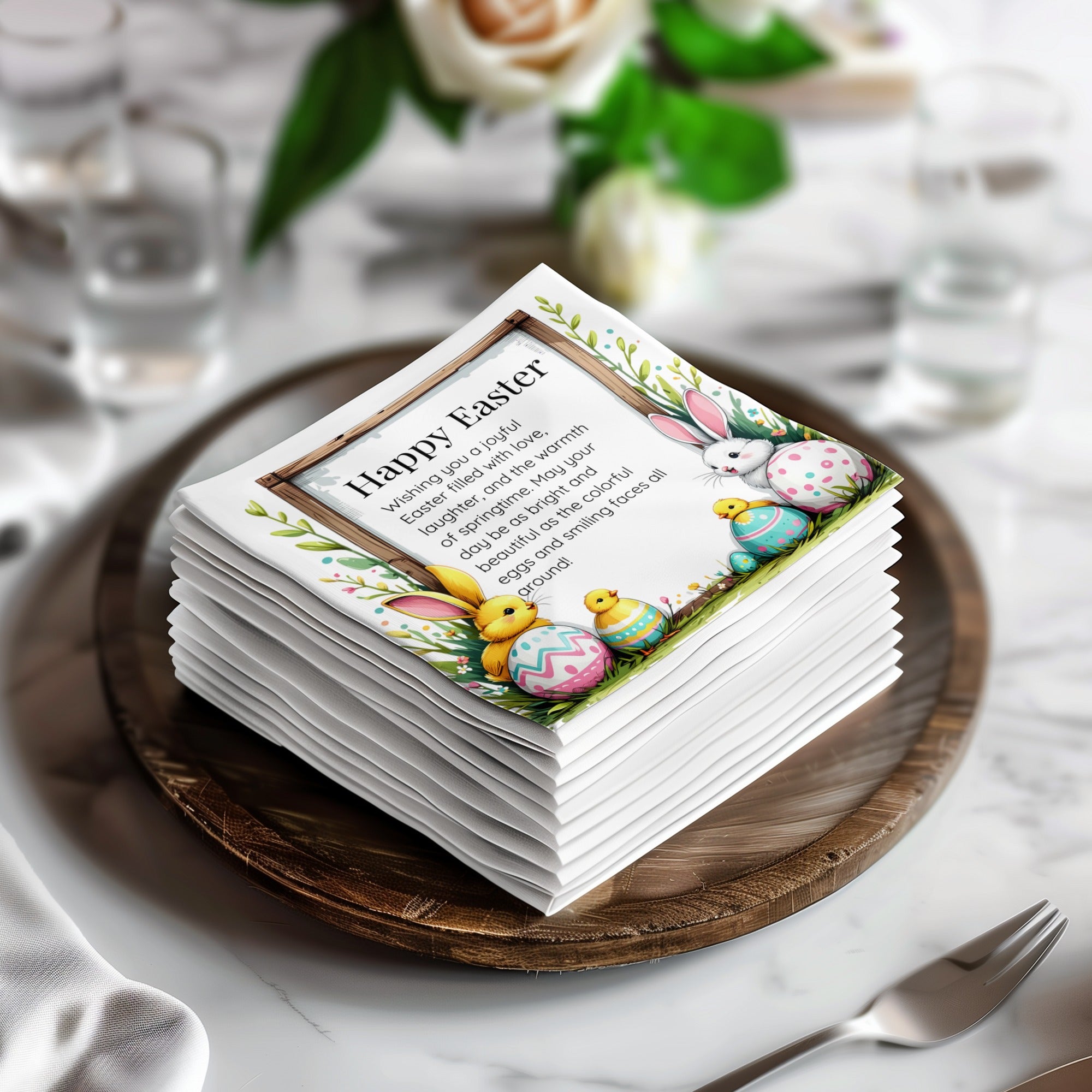 Happy Easter Custom Napkins – Bunny, Eggs & Spring Flowers – Personalized Holiday Napkin