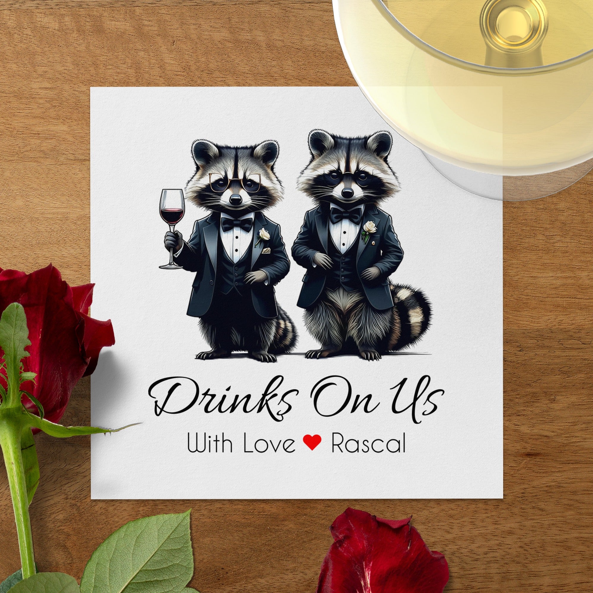 Tuxedo Raccoon Napkin, Funny Raccoon Napkin, Drinks On Us Napkin, Cute Animal Napkin, Party Napkin, Host Gift, Wedding Napkin