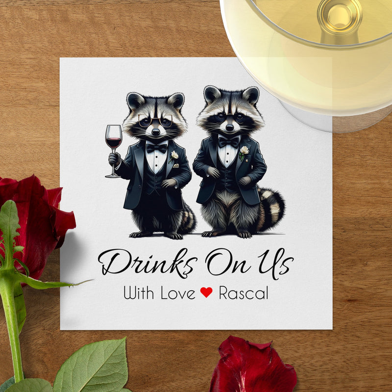 Tuxedo Raccoon Napkin, Funny Raccoon Napkin, Drinks On Us Napkin, Cute Animal Napkin, Party Napkin, Host Gift, Wedding Napkin