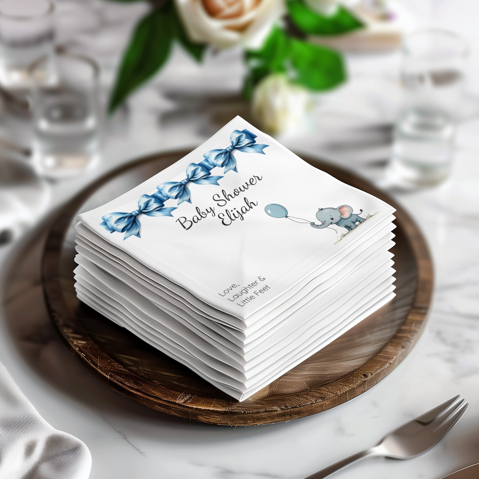 Personalized Baby Shower Napkins – Blue Bows & Elephant – Custom Baby Boy Shower Napkin with Balloon Illustration