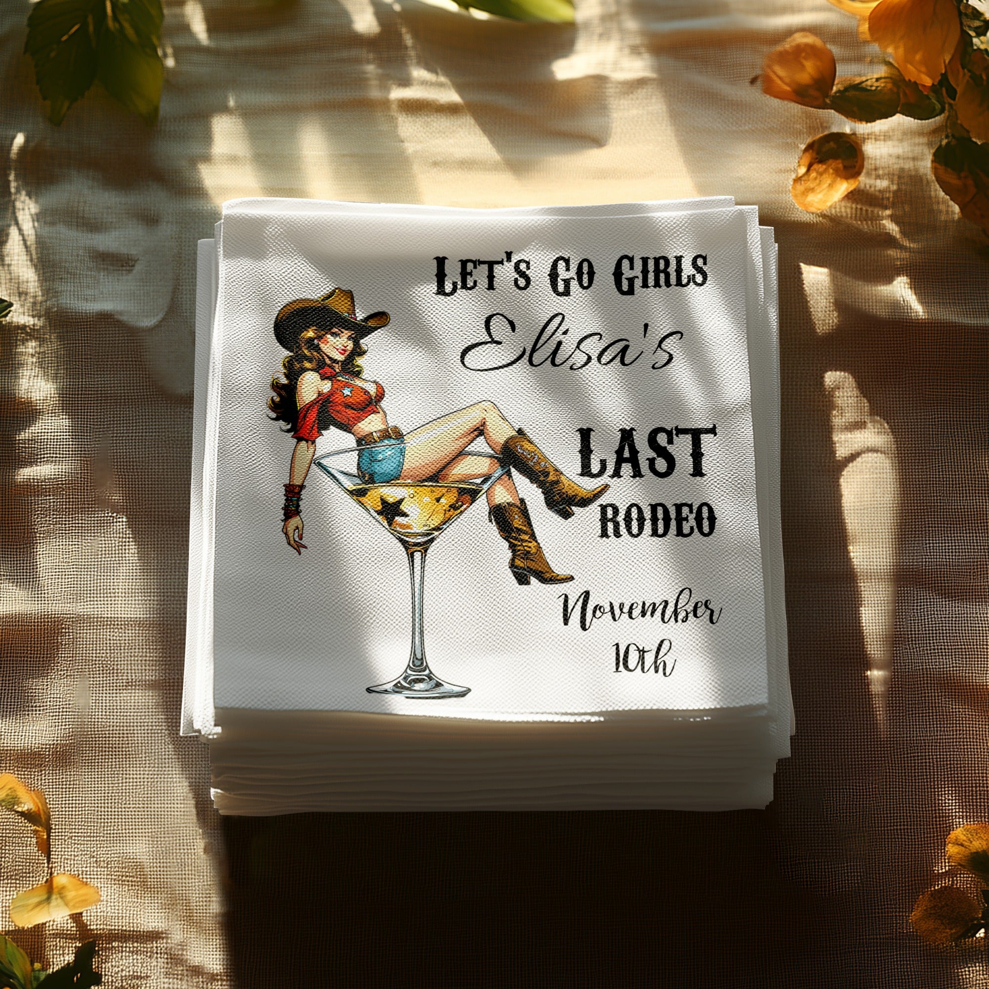 Personalized Bachelorette Napkins – Colorful Cowgirl Last Rodeo – Custom Party Napkins with Name & Date – Featuring Cocktail Glass Design