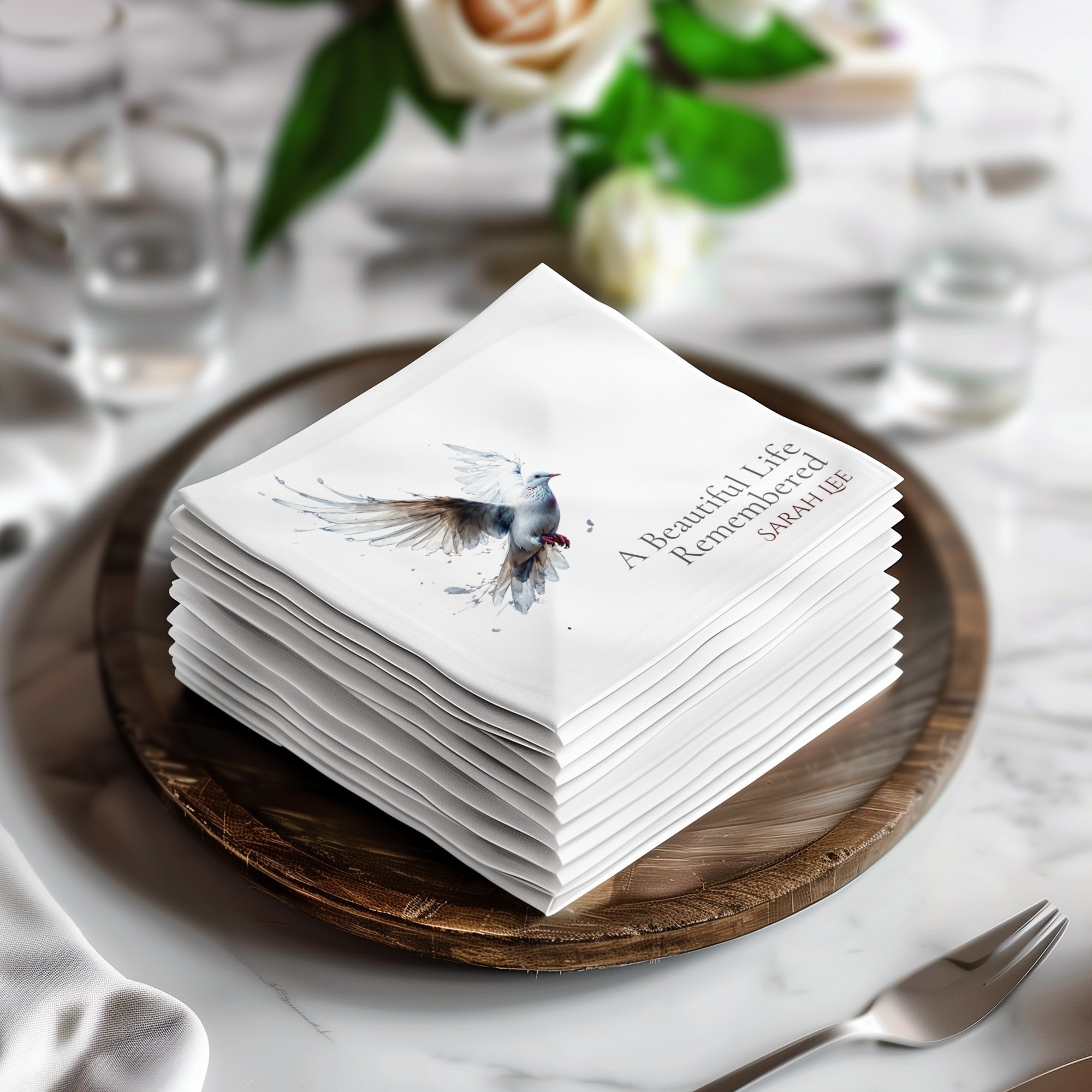 Personalized Memorial Napkins – A Beautiful Life Remembered – Dove of Peace Funeral Napkin with Custom Name – Elegant Celebration of Life