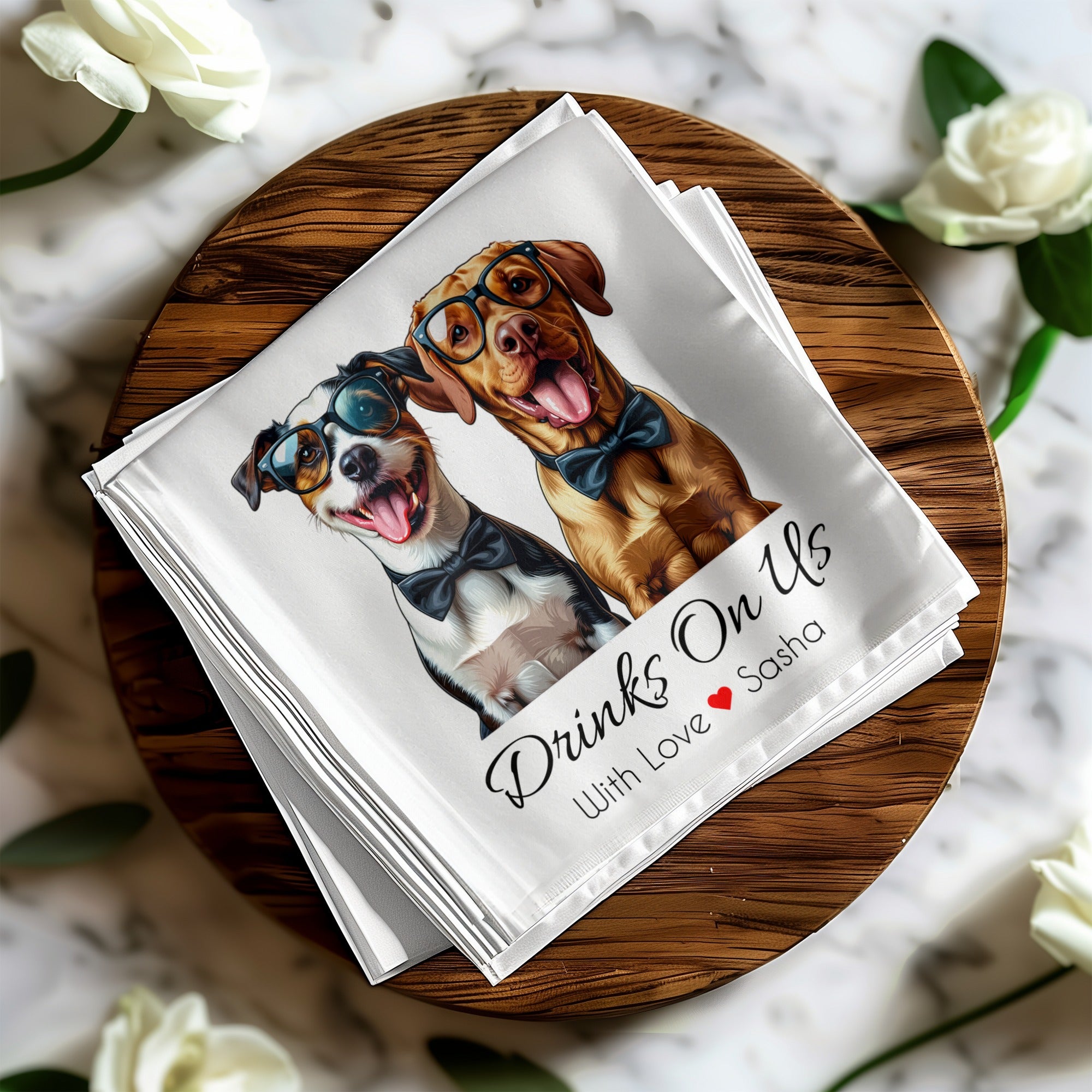 Drinks On Us Napkin, Dog Napkin, Dog With Glasses, Jack Russell Napkin, Labrador Napkin, Custom Napkin, Party Napkin, Funny Napkin