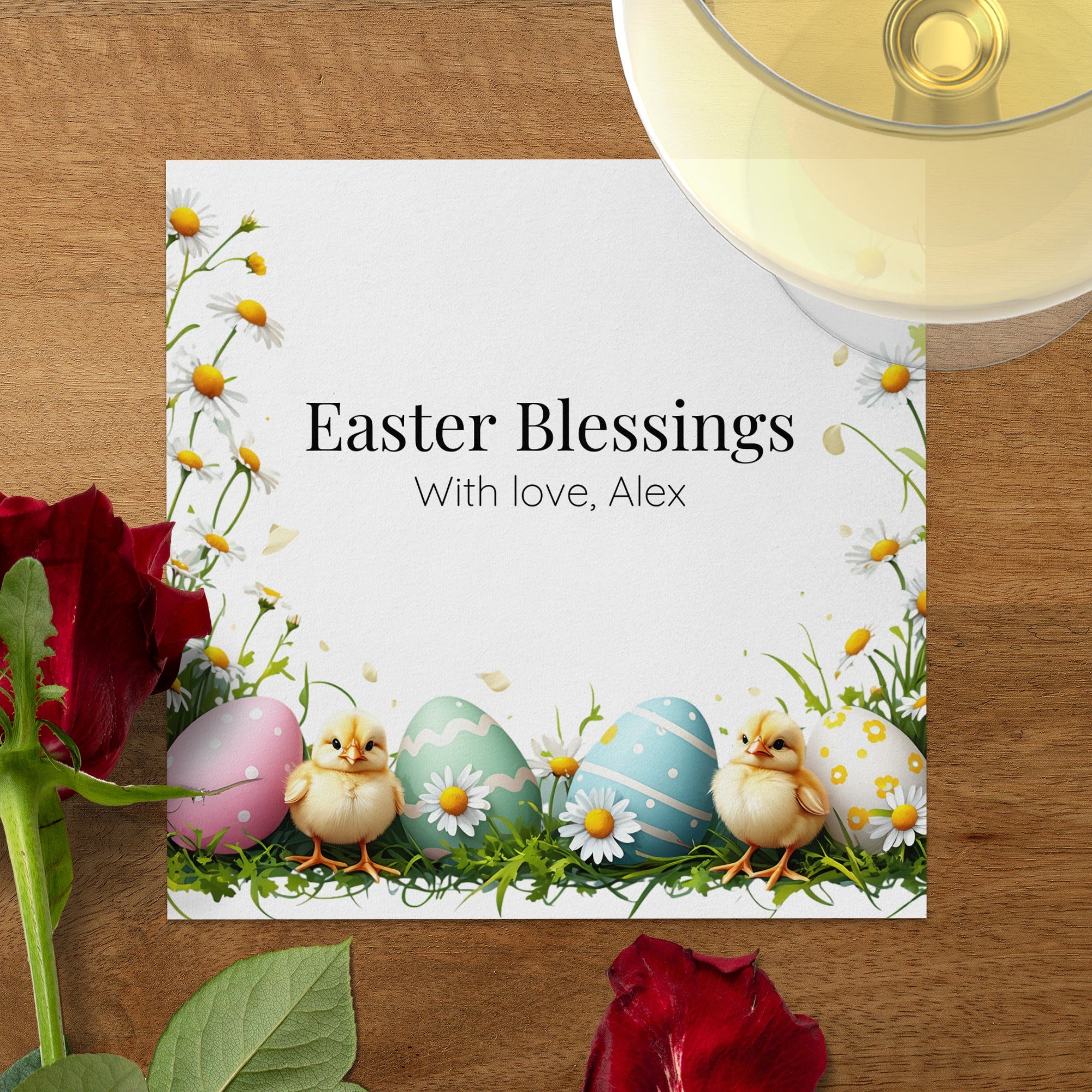Easter Blessings Napkins – Pastel Eggs & Baby Chicks – Custom Spring Napkin with Name