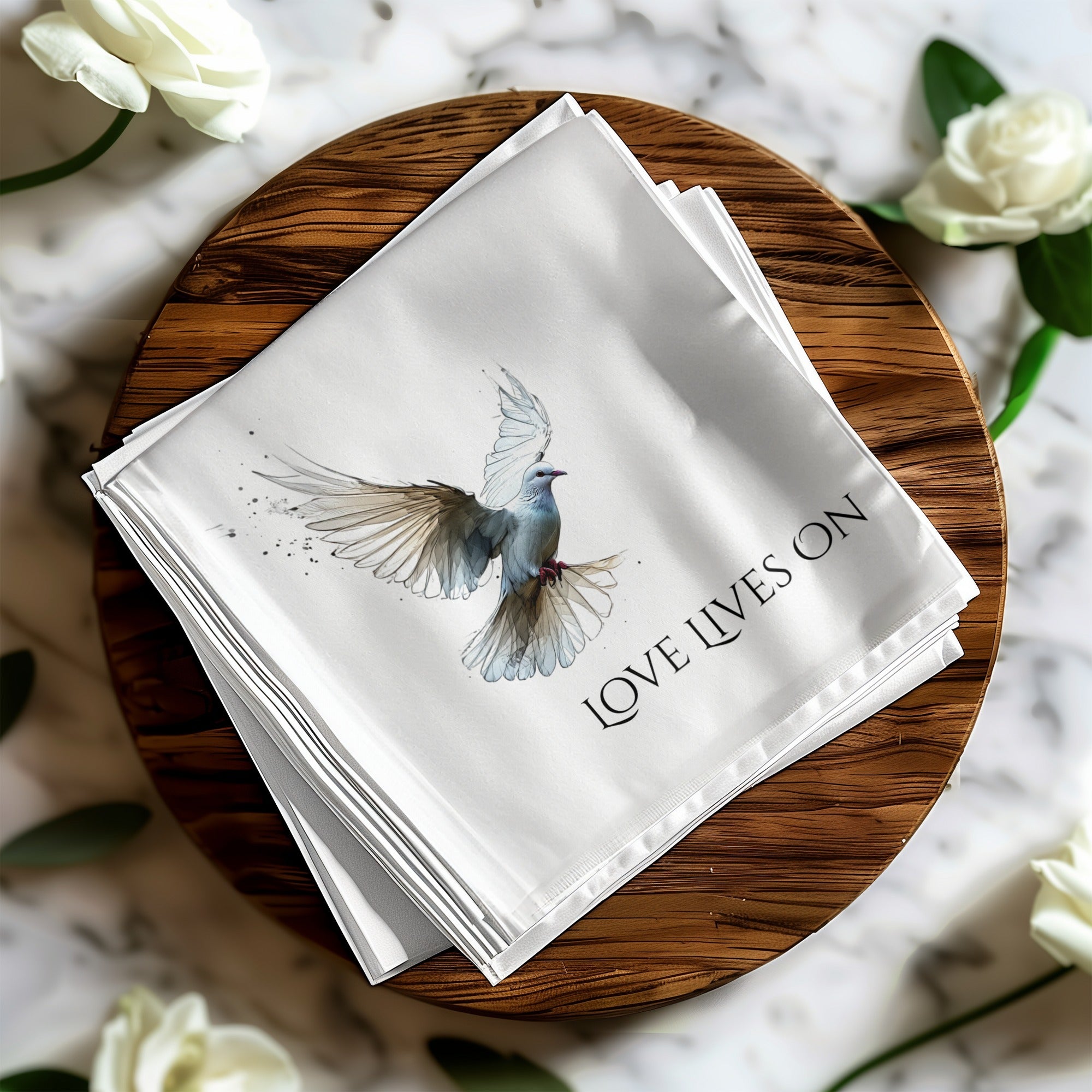 Personalized Memorial Napkins – Love Lives On – Custom Funeral Napkin with Dove Art – Elegant Memorial Table Decor