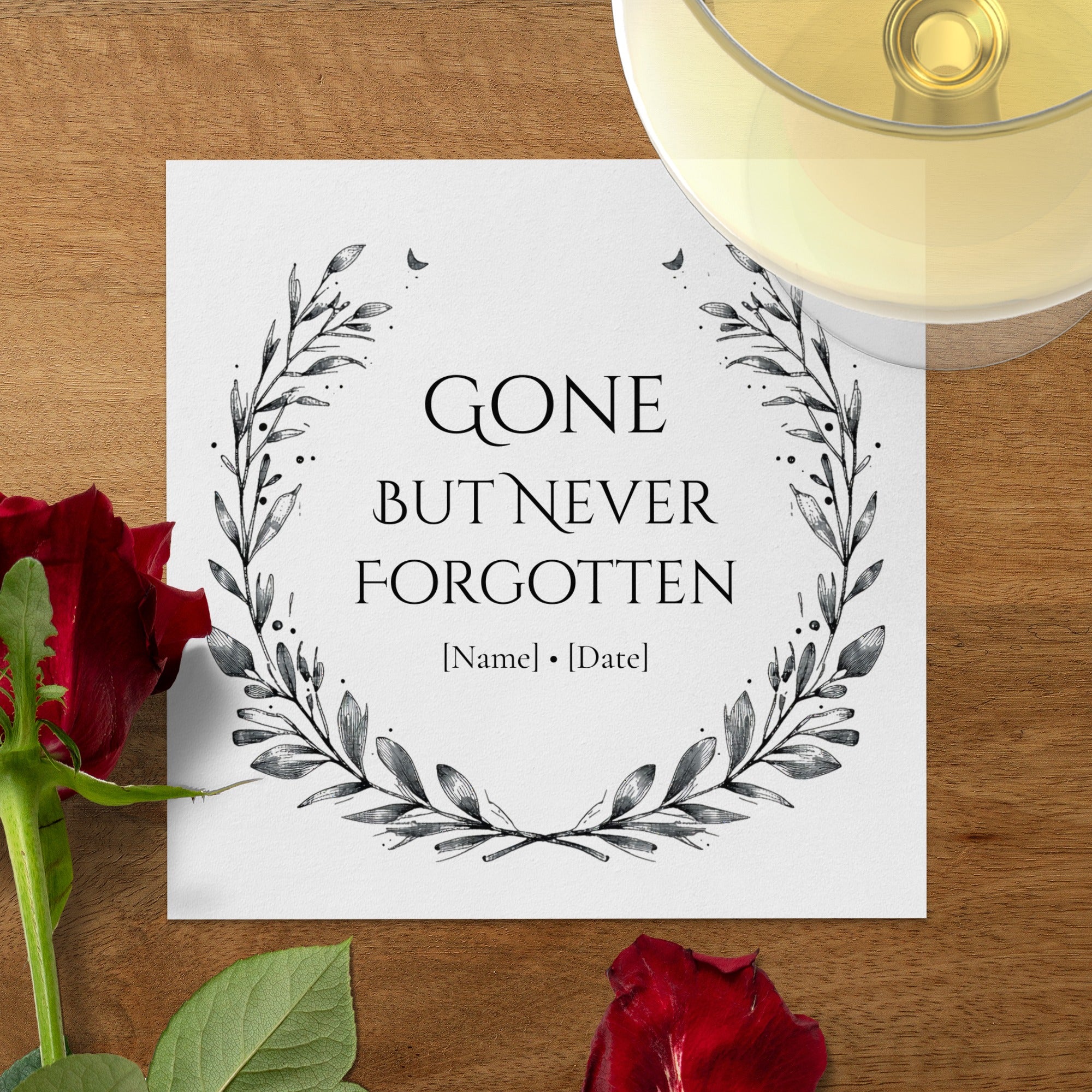 Personalized Memorial Napkins – Gone But Never Forgotten – Funeral Napkin with Name & Date – Elegant Laurel Wreath Design