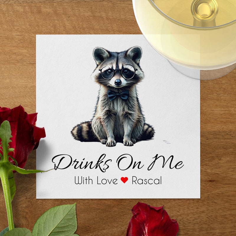 Drinks On Me Napkin, Raccoon Napkins, Funny Napkin, Animal Napkin, Party Napkins, Novelty Napkins, Cocktail Napkin, Barware Napkin