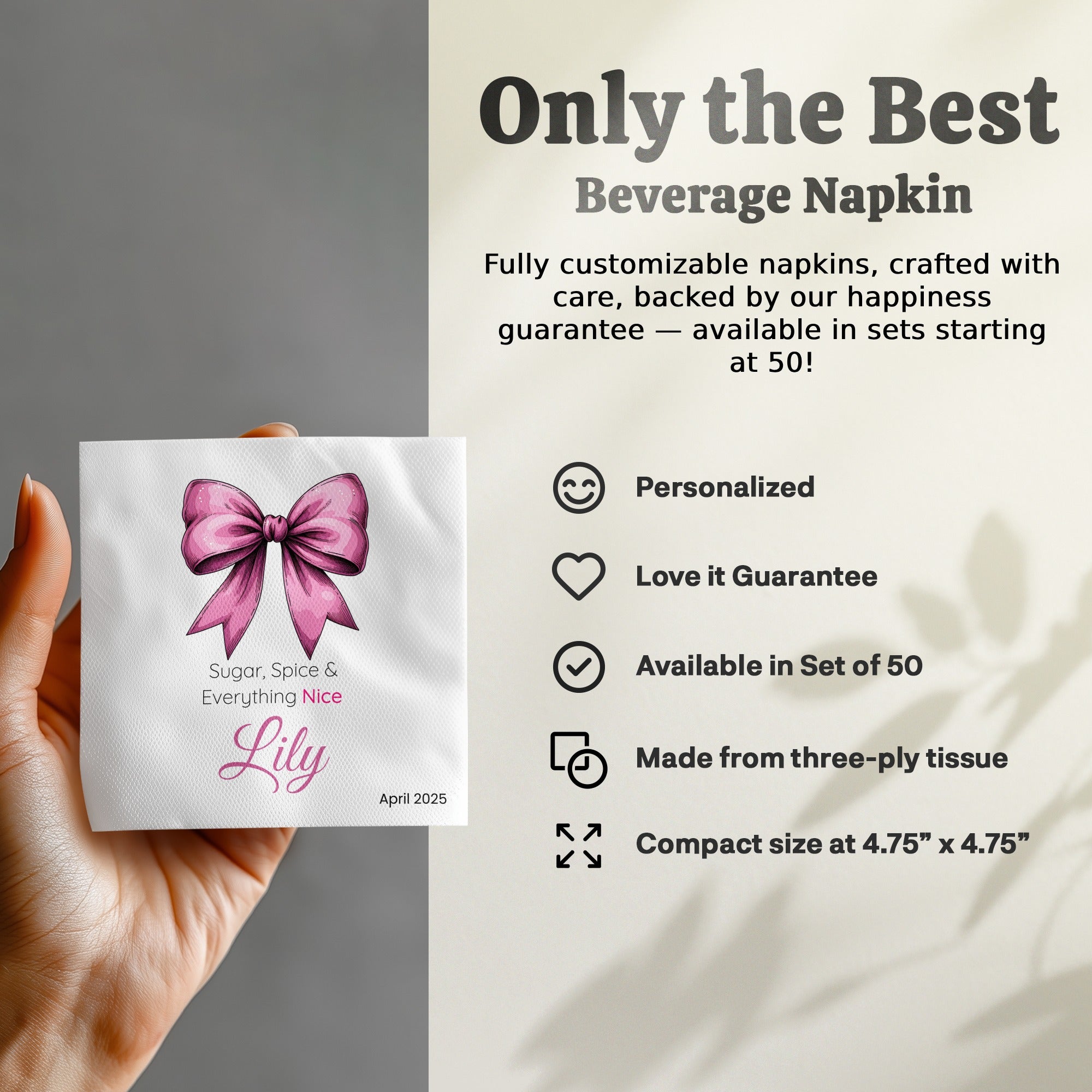Personalized Baby Shower Napkins – Pink Bow – Sugar, Spice & Everything Nice – Custom Baby Shower Napkin with Satin Bow Artwork