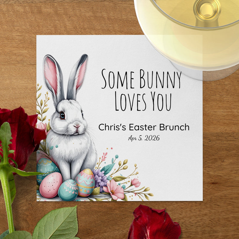 Personalized Easter Napkins – Some Bunny Loves You – Custom Easter Brunch Napkins with Bunny & Eggs – Spring Celebration Decor