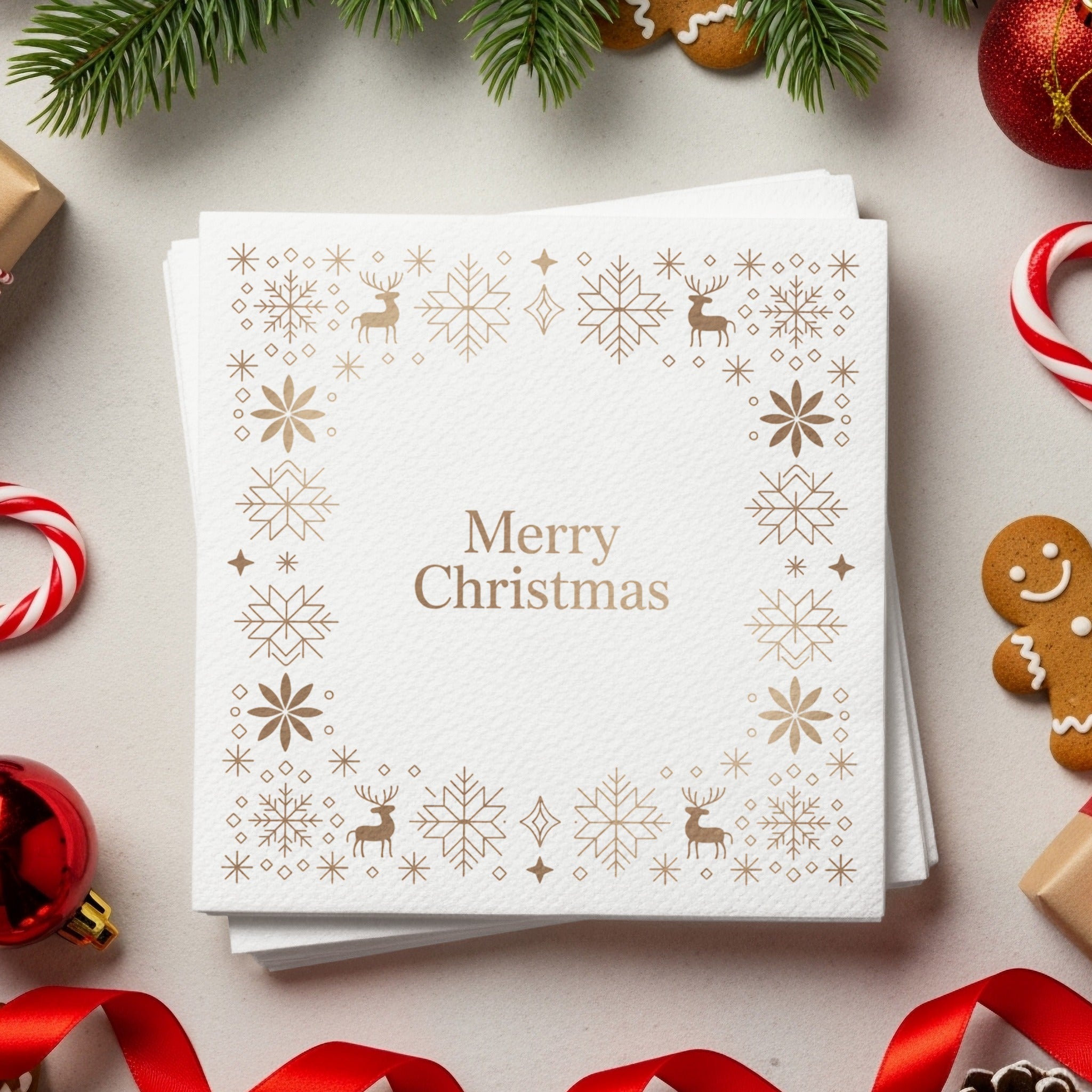 Minimalist Christmas Napkins – Personalized Holiday Beverage Napkin with Snowflake Border - Merry Christmas