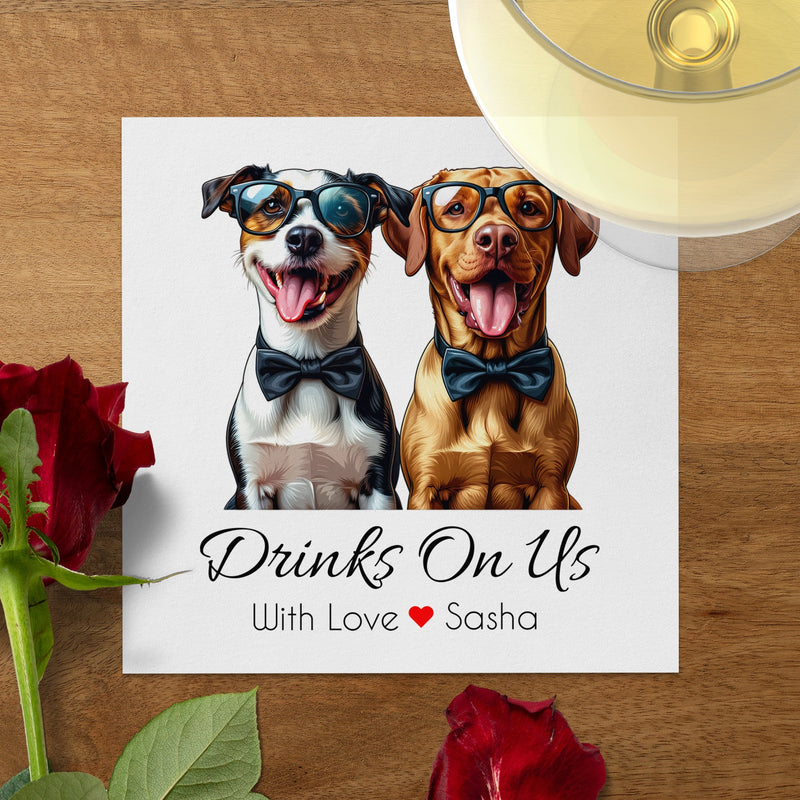 Drinks On Us Napkin, Dog Napkin, Dog With Glasses, Jack Russell Napkin, Labrador Napkin, Custom Napkin, Party Napkin, Funny Napkin