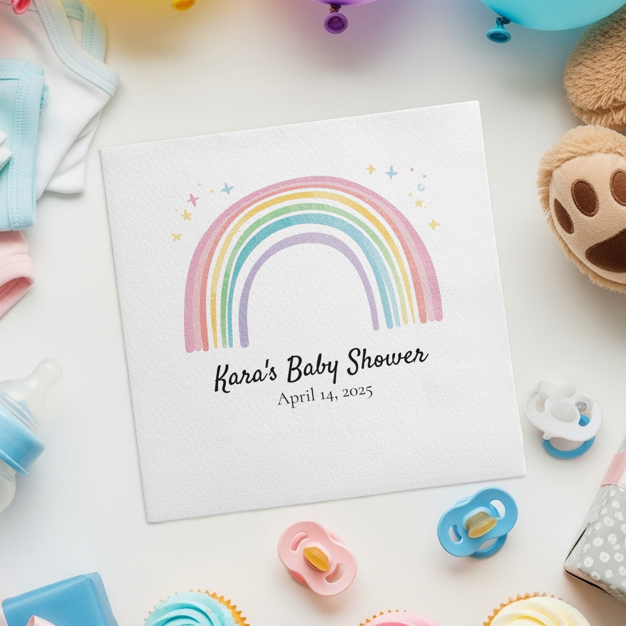 Personalized Baby Shower Napkins – Pastel Rainbow – Custom Baby Shower Napkin with Stars – Date & Greeting Line