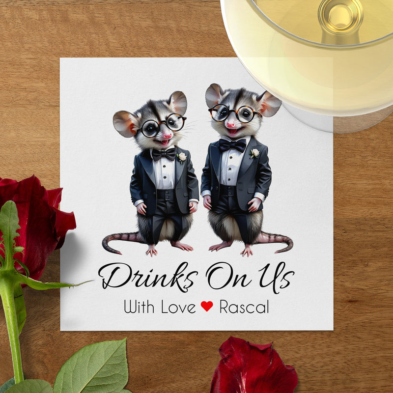 Rascal Napkin, Opossum Napkin, Drinks On Us, Tuxedo Napkin, Animal Napkin, Funny Napkin, Party Napkin, Hostess Napkin, Cocktail Napkin