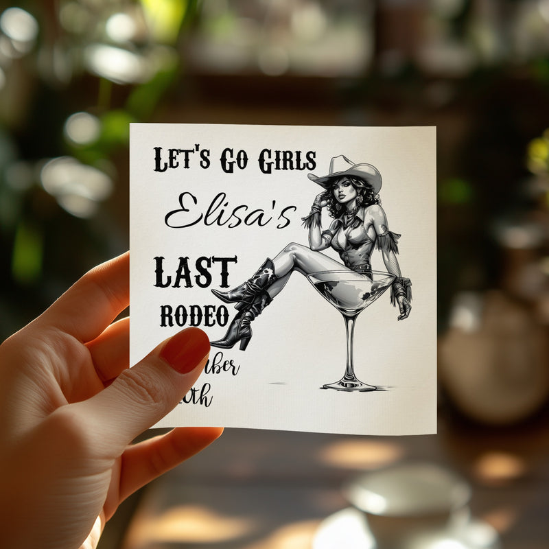 Personalized Bachelorette Napkins – Let’s Go Girls Rodeo – Custom Last Rodeo Party Napkins with Name & Date – Featuring Cowgirl Cocktail Design