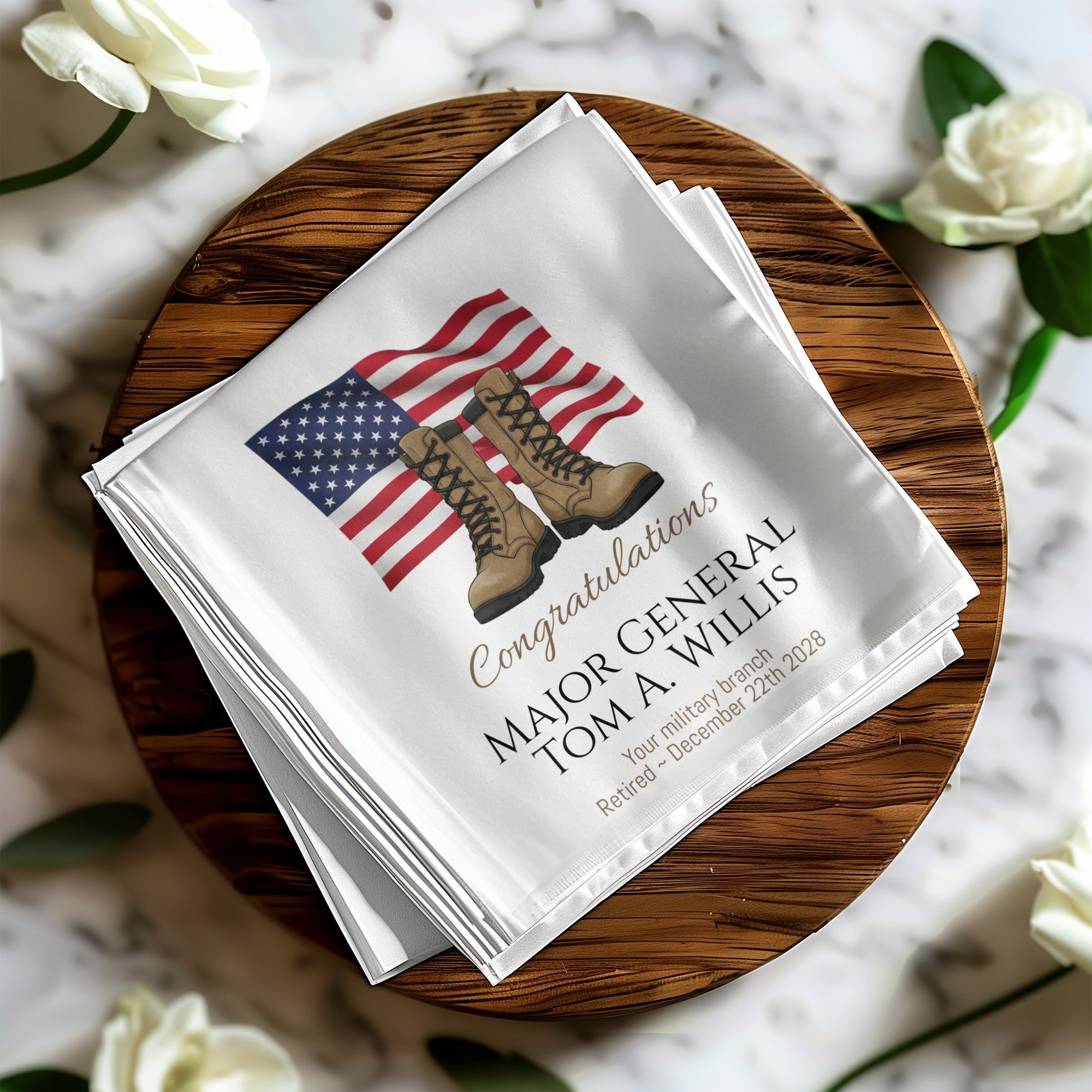 Military Retirement Napkin, Personalized Gift, US Flag, Boots, Major General, Retirement Party Decoration, Military Party Supplies