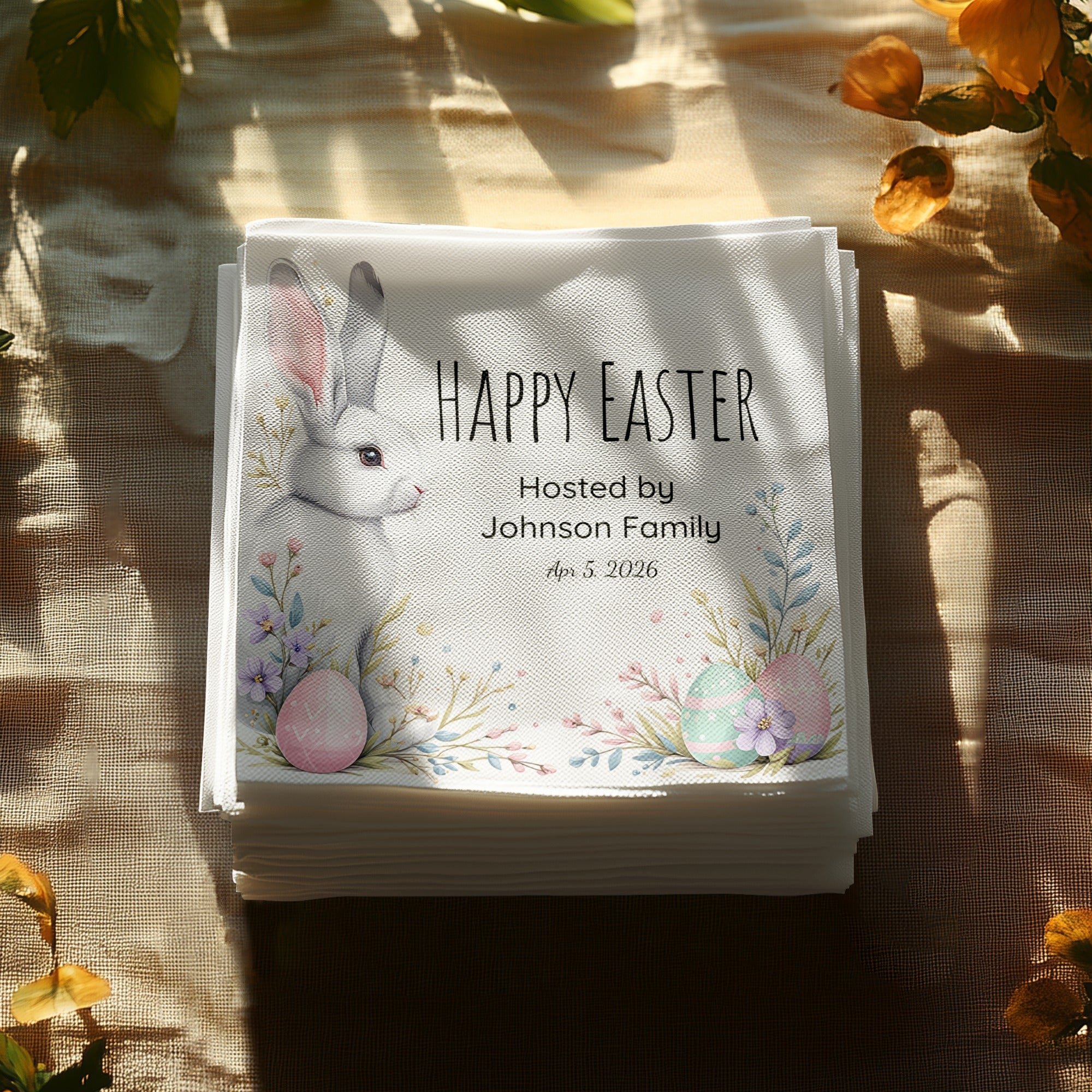 Happy Easter Napkins – Cute Bunny & Pastel Eggs – Personalized Easter Party Napkin