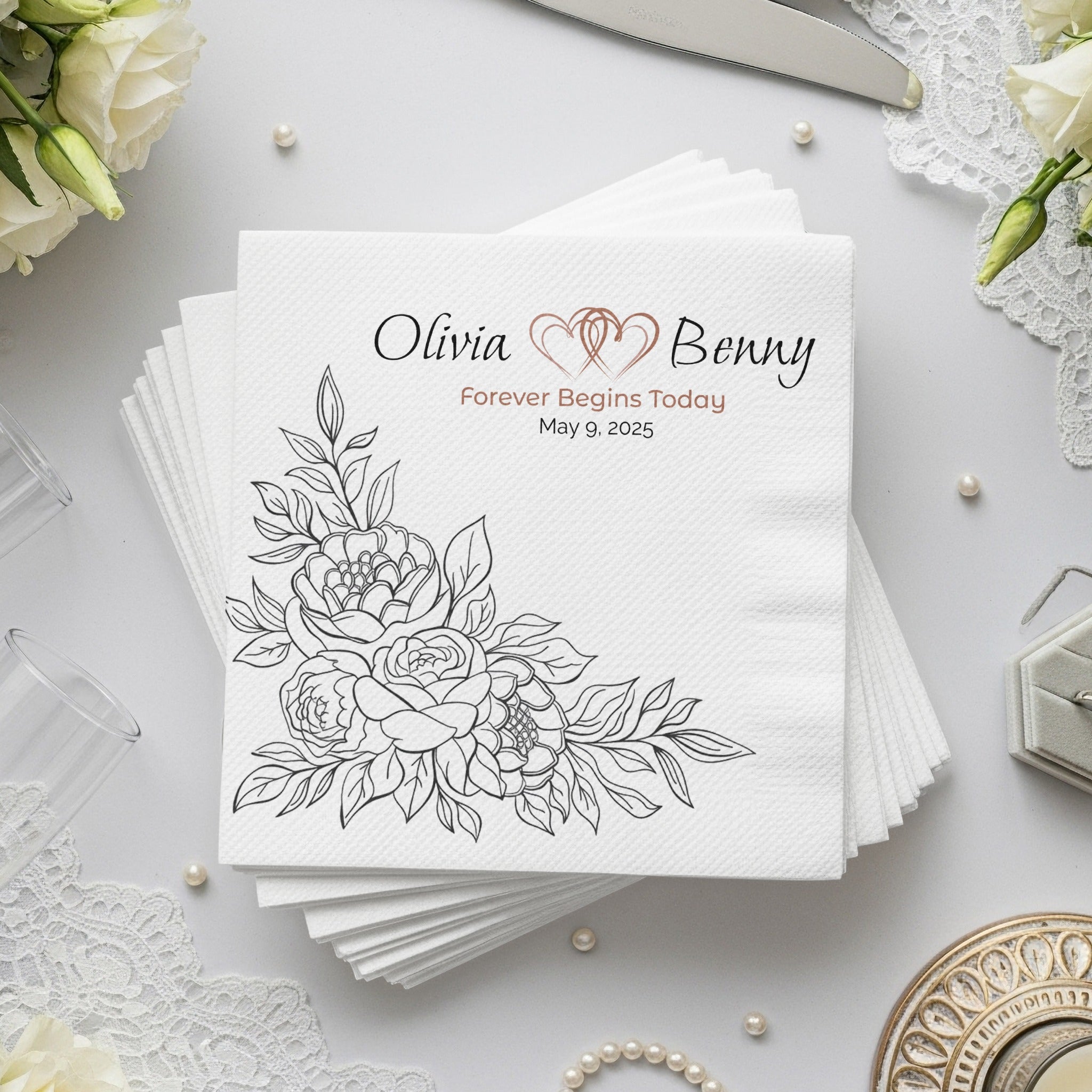 Personalized Wedding Napkins – Forever Begins Today – Custom Wedding Napkin with Floral Corner Artwork – Romantic Modern Style