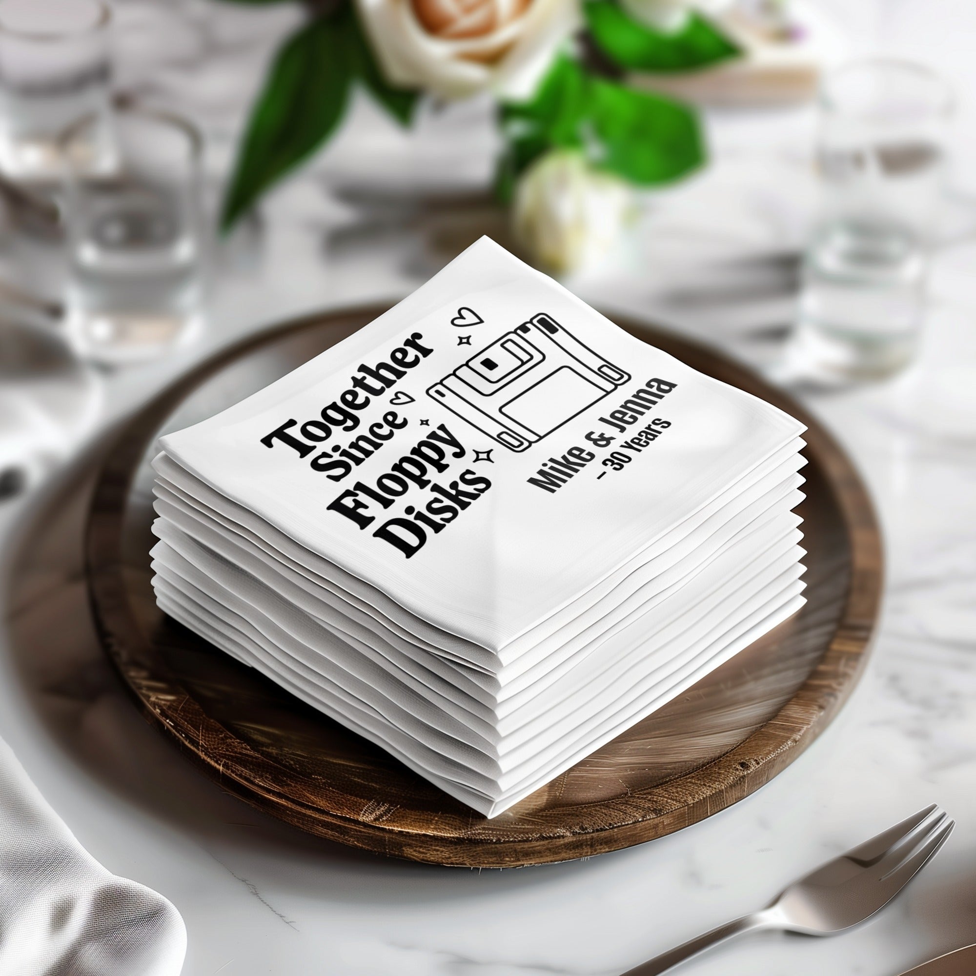 Personalized Retro Napkins – Together Since Floppy Disks – Custom Funny Anniversary Napkin with Name & Years