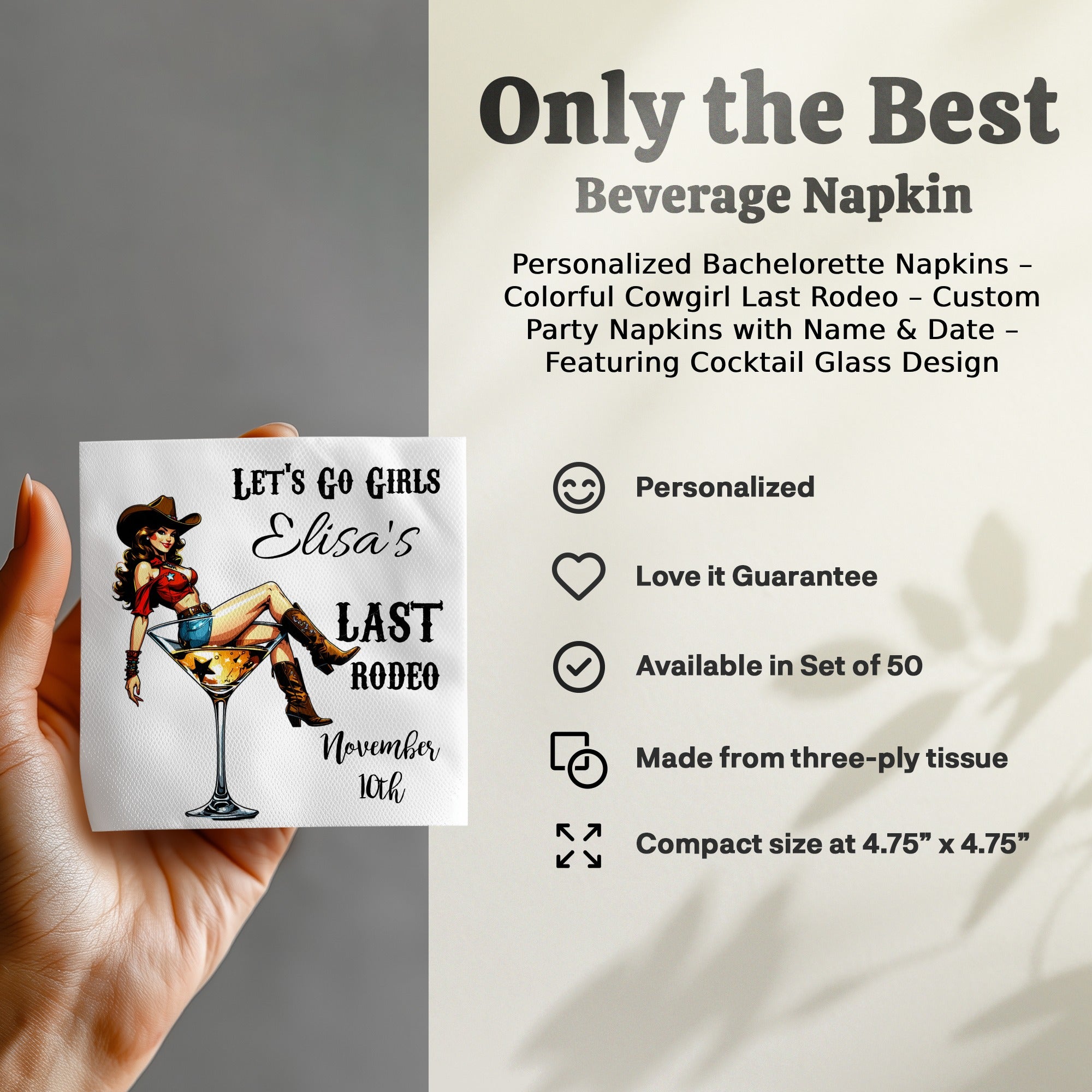Personalized Bachelorette Napkins – Colorful Cowgirl Last Rodeo – Custom Party Napkins with Name & Date – Featuring Cocktail Glass Design
