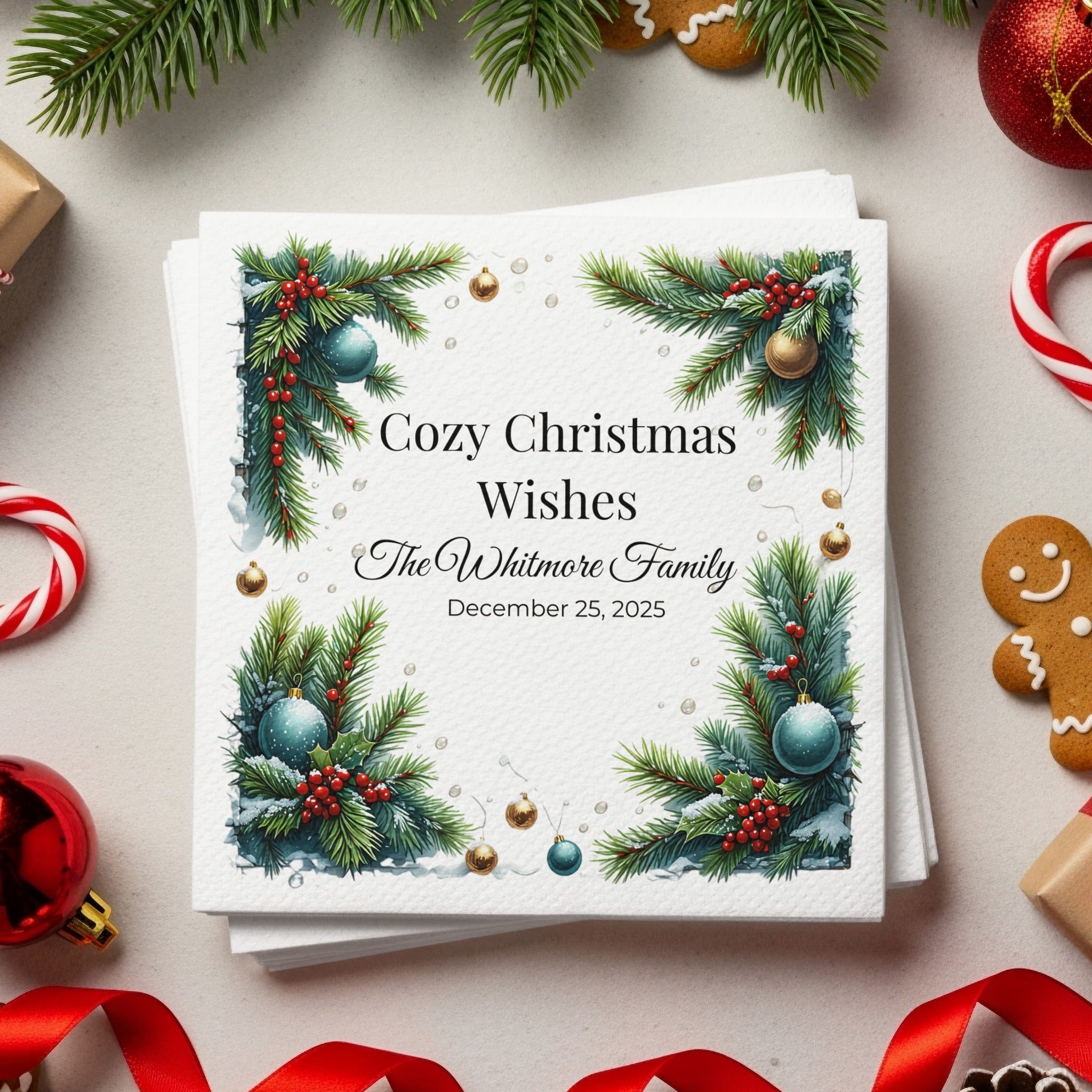 Cozy Christmas Napkins – Personalized Holiday Beverage Napkin with Family Name – Festive Pine & Ornament Design
