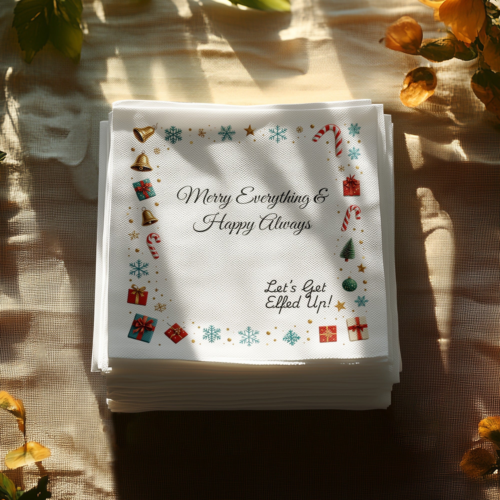 Funny Christmas Napkins – Personalized Holiday Beverage Napkin – Merry Everything & Happy Always - Let's Get Elfed Up!