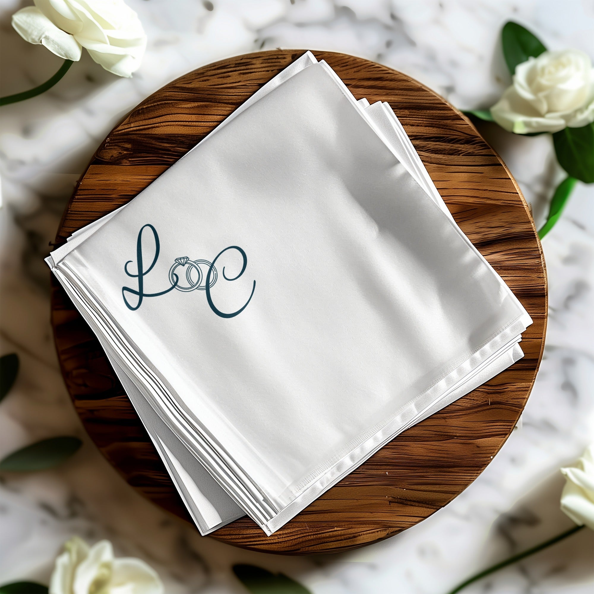 Personalized Wedding Napkins – Ring Monogram – Custom Wedding Napkin with Script Initials & Rings – Elegant Minimal Style