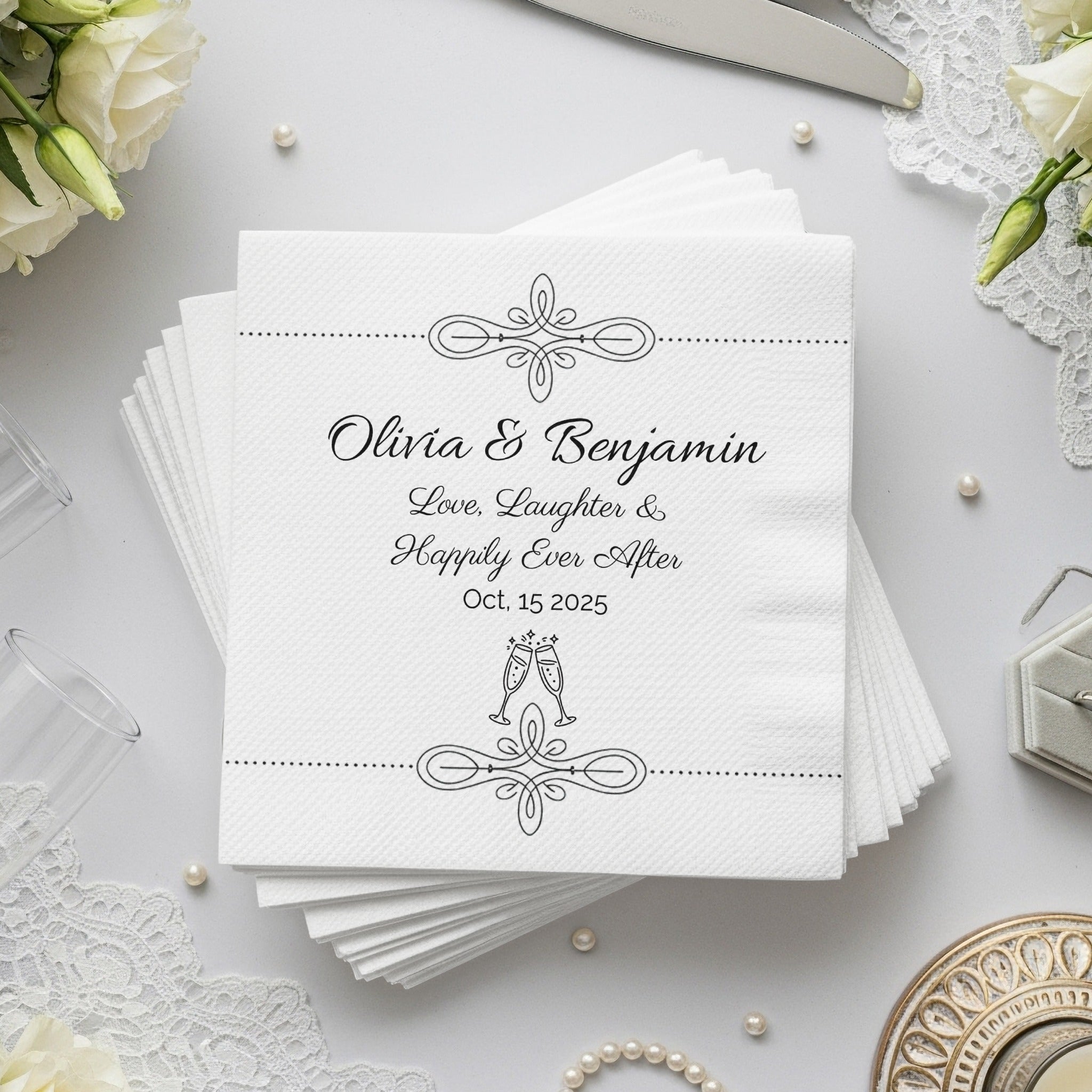 Personalized Wedding Napkins – Love, Laughter & Happily Ever After – Custom Wedding Napkin with Champagne Glasses – Celebration Theme