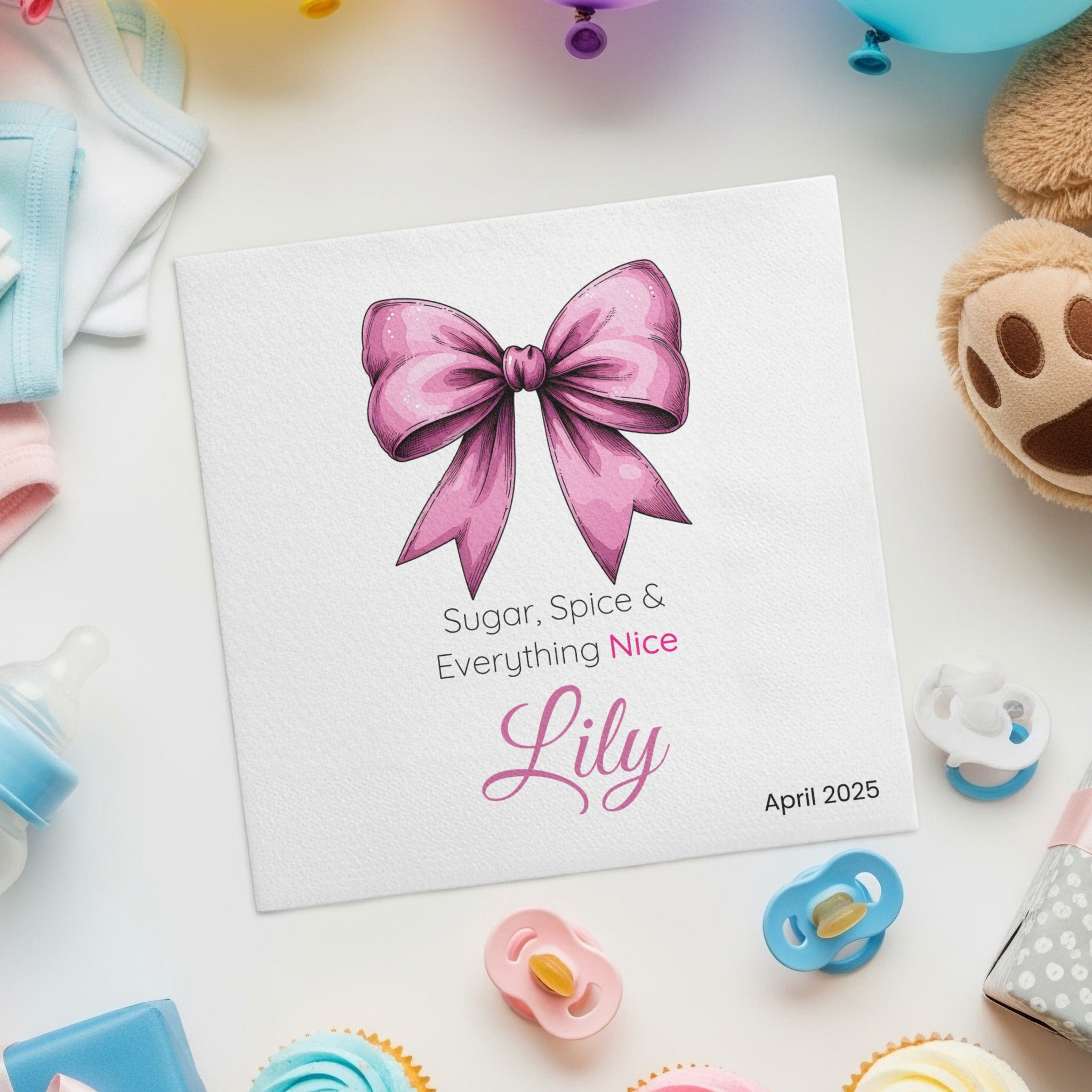 Personalized Baby Shower Napkins – Pink Bow – Sugar, Spice & Everything Nice – Custom Baby Shower Napkin with Satin Bow Artwork