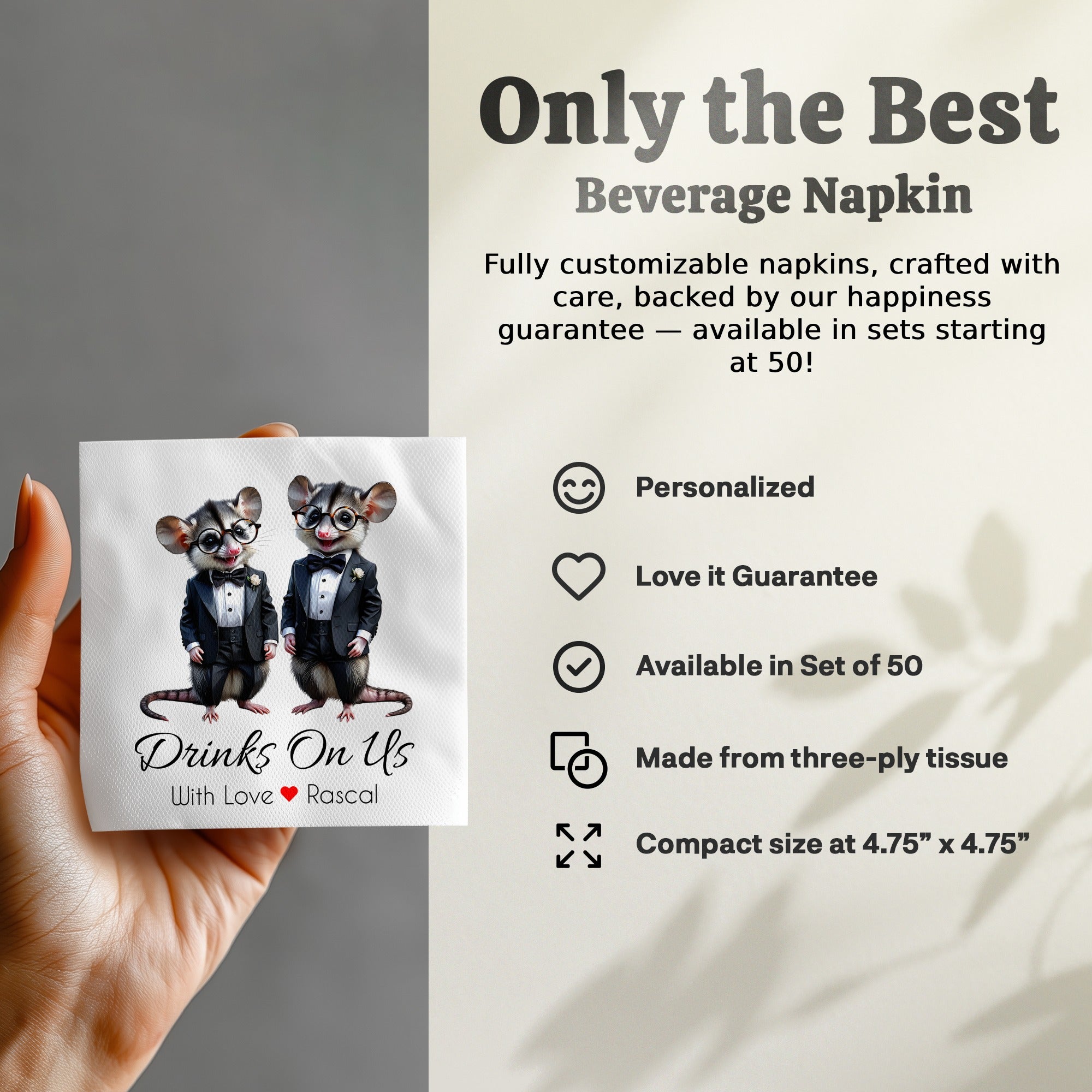 Rascal Napkin, Opossum Napkin, Drinks On Us, Tuxedo Napkin, Animal Napkin, Funny Napkin, Party Napkin, Hostess Napkin, Cocktail Napkin