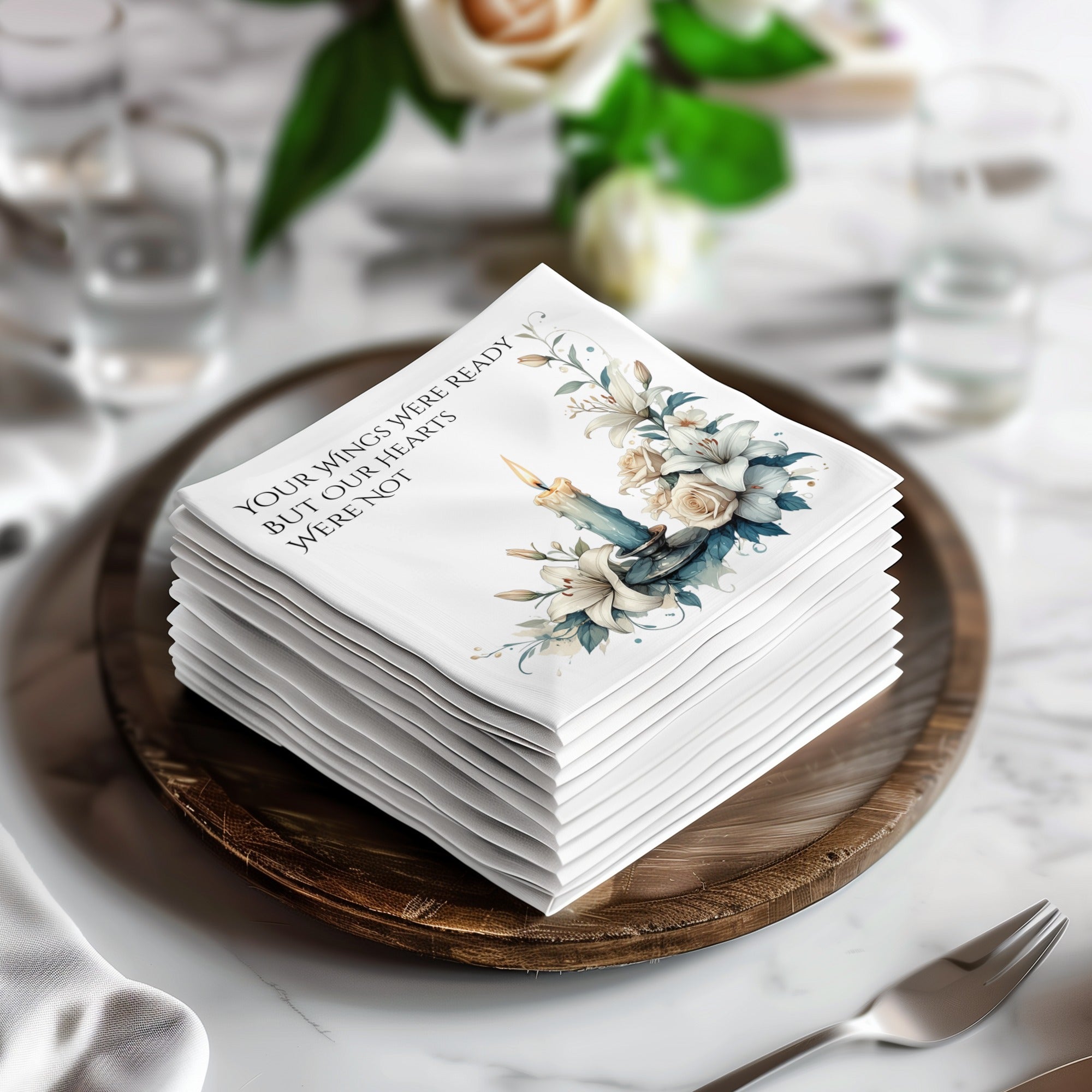 Personalized Memorial Napkins – Custom Funeral Napkin with Candle & Florals – Your Wings Were Ready But Our Hearts Were Not