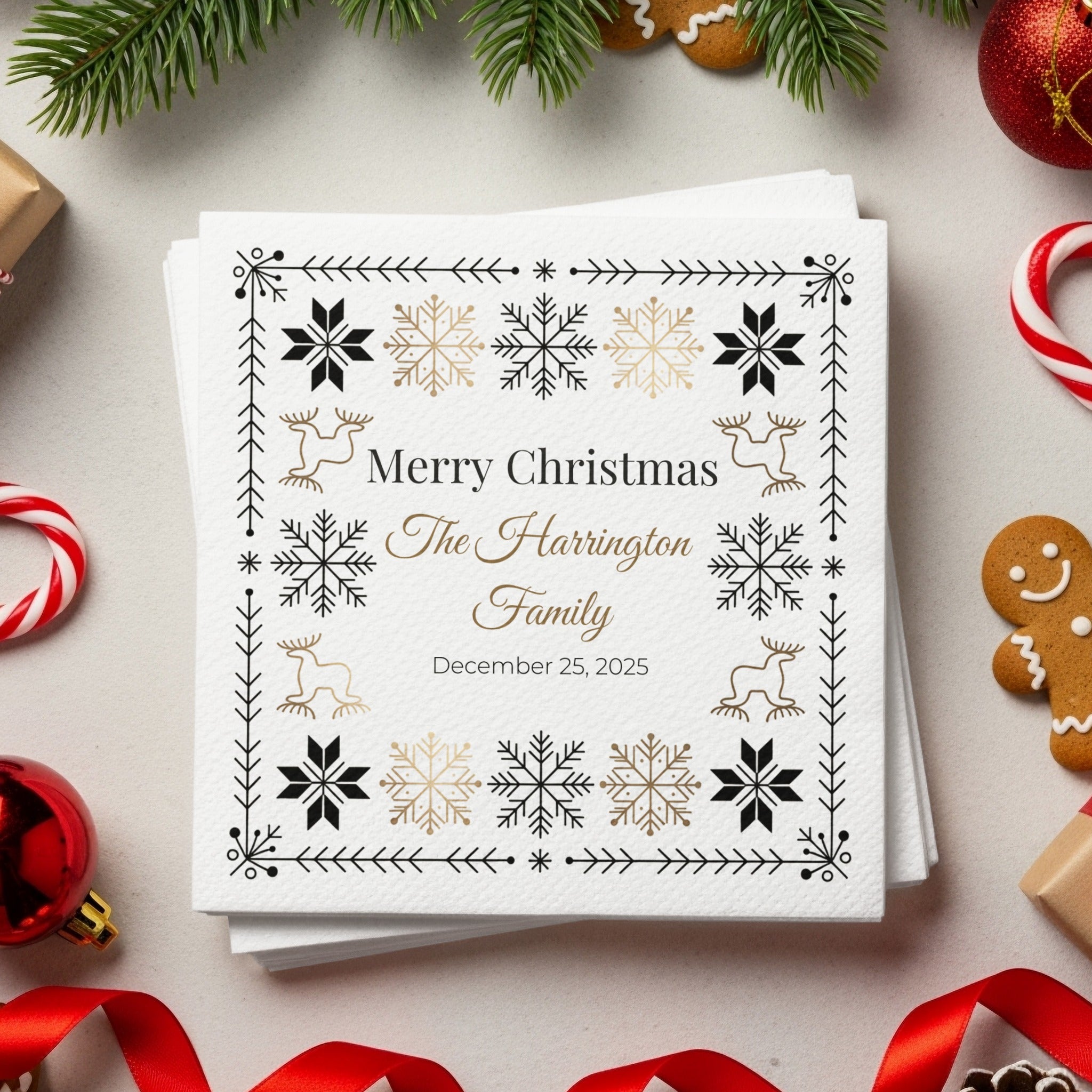Custom Christmas Napkins – Personalized Holiday Beverage Napkin with Family Name – Nordic Snowflake & Reindeer Design