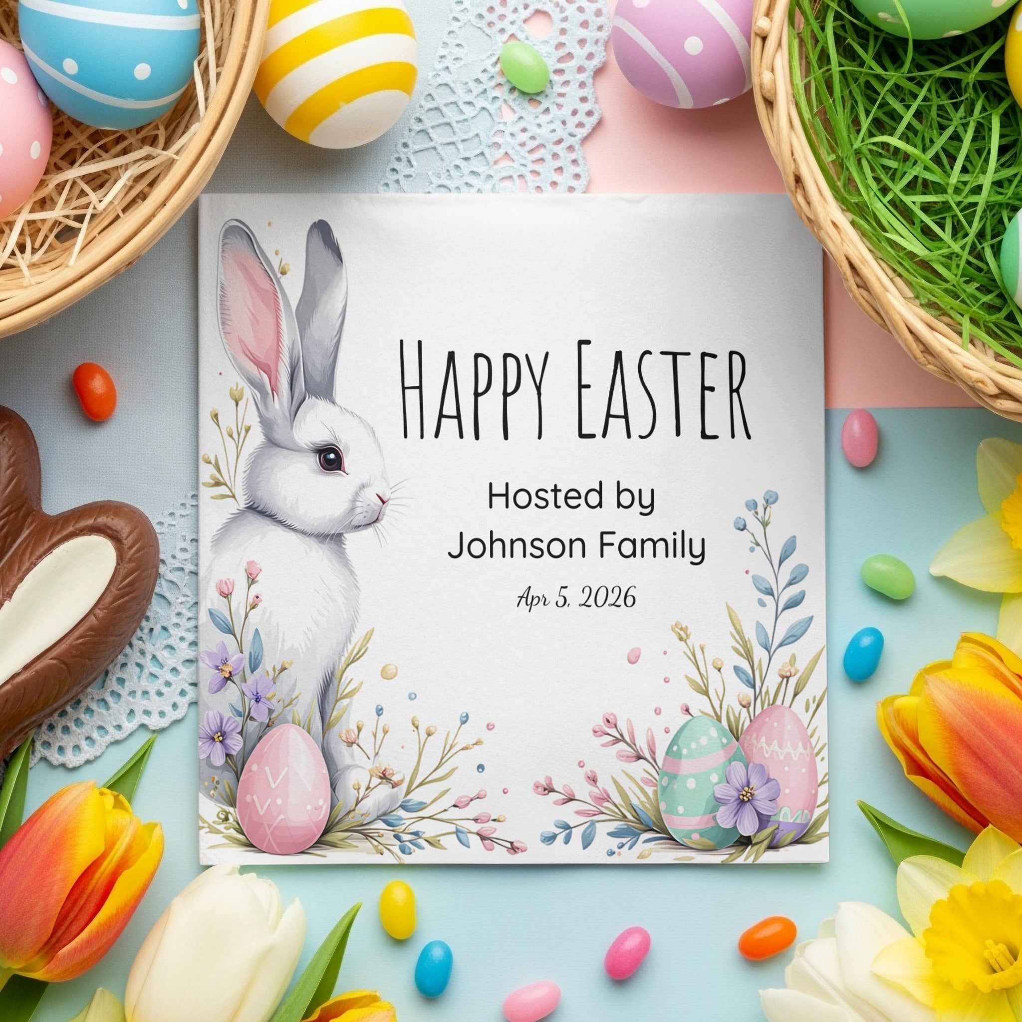 Happy Easter Napkins – Cute Bunny & Pastel Eggs – Personalized Easter Party Napkin