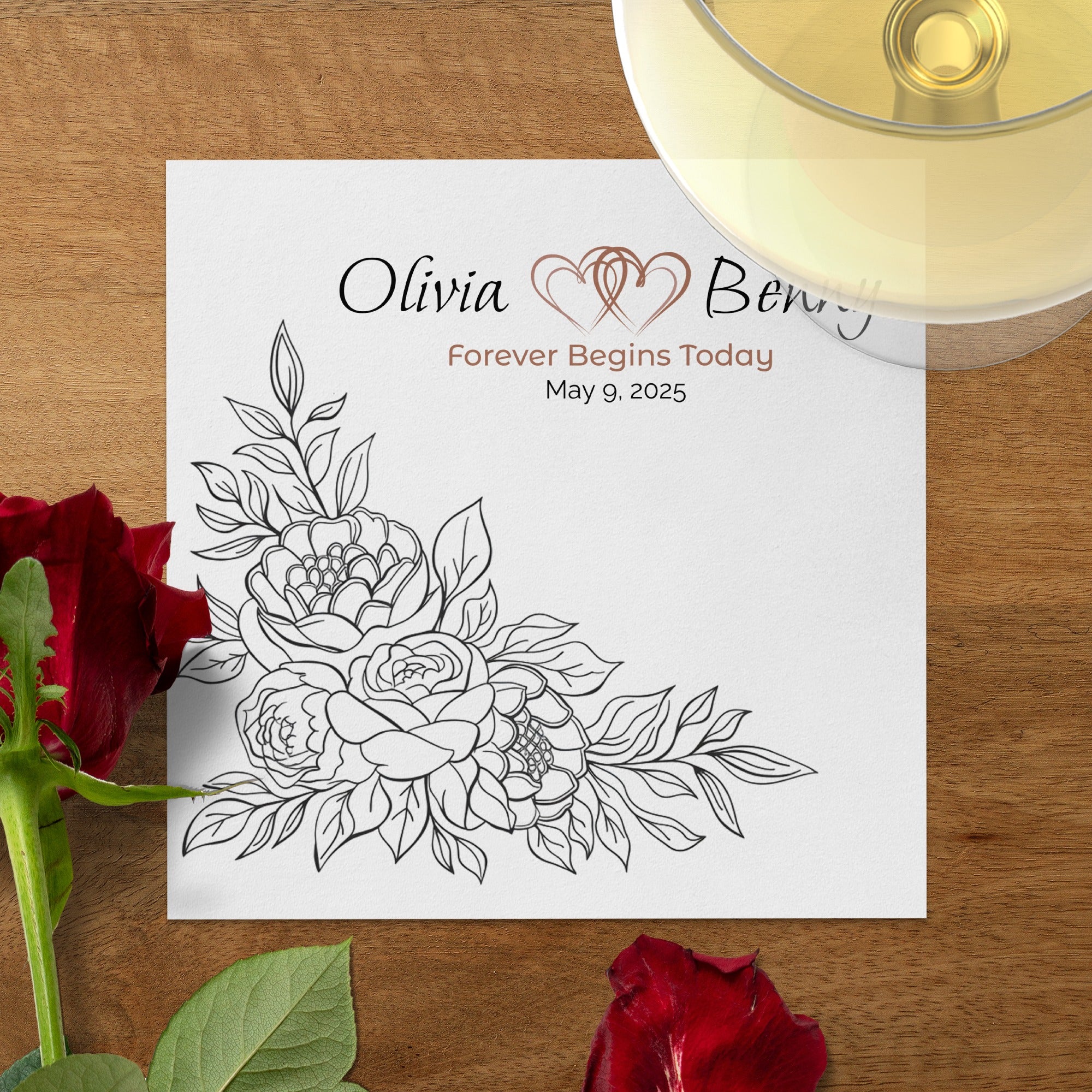 Personalized Wedding Napkins – Forever Begins Today – Custom Wedding Napkin with Floral Corner Artwork – Romantic Modern Style