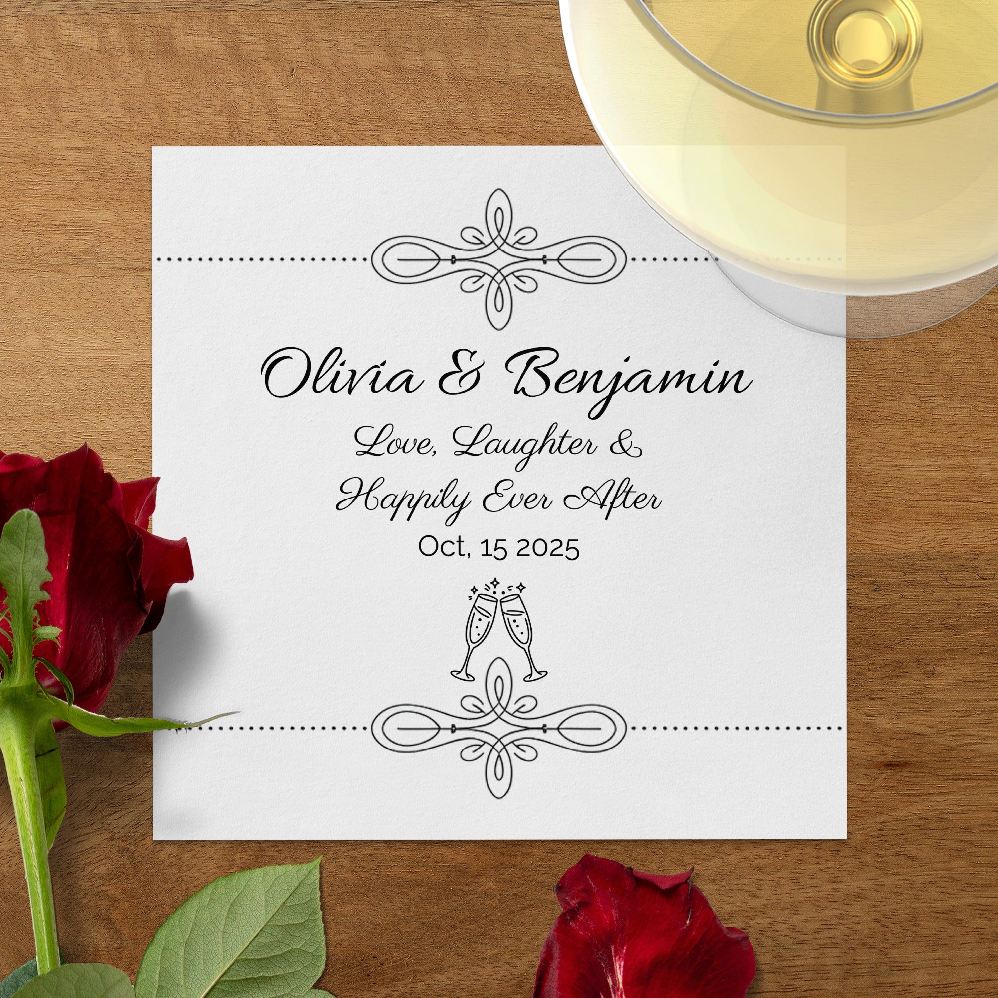 Personalized Wedding Napkins – Love, Laughter & Happily Ever After – Custom Wedding Napkin with Champagne Glasses – Celebration Theme