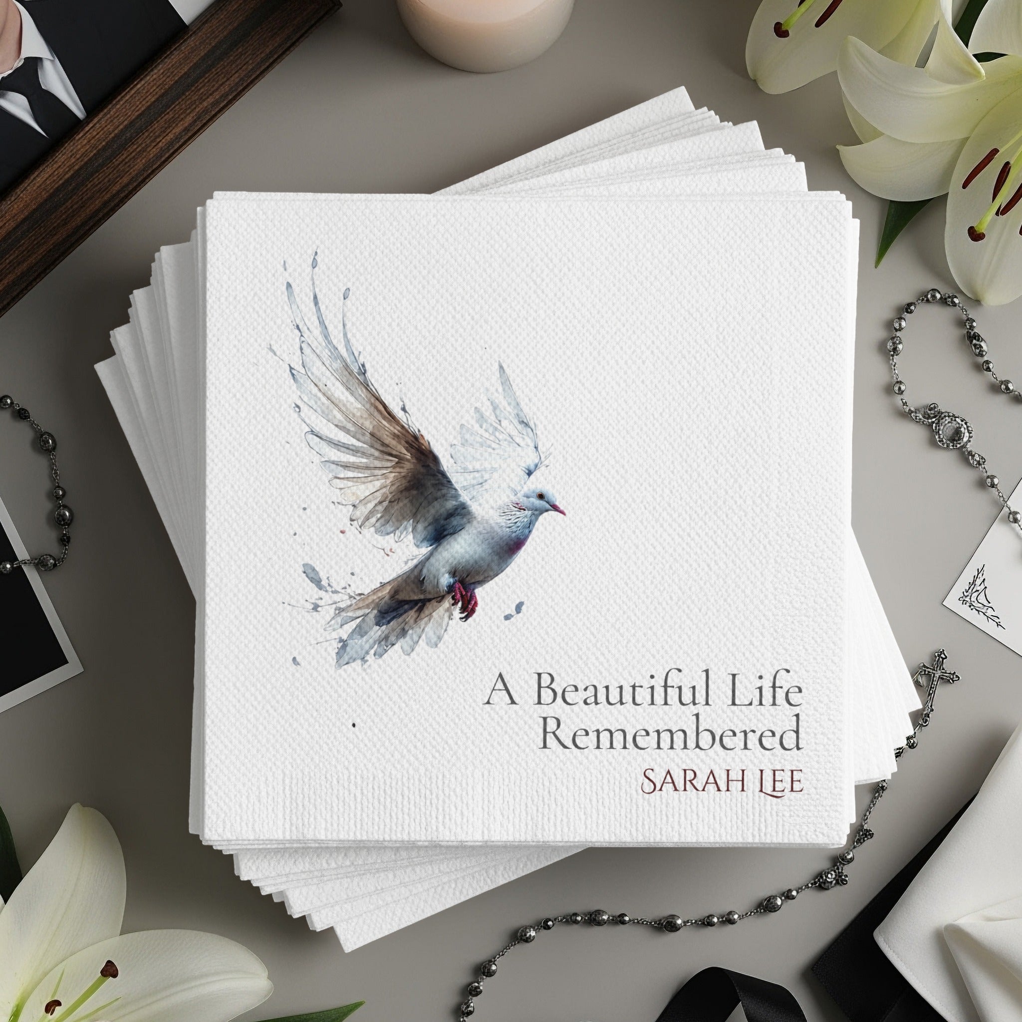 Personalized Memorial Napkins – A Beautiful Life Remembered – Dove of Peace Funeral Napkin with Custom Name – Elegant Celebration of Life