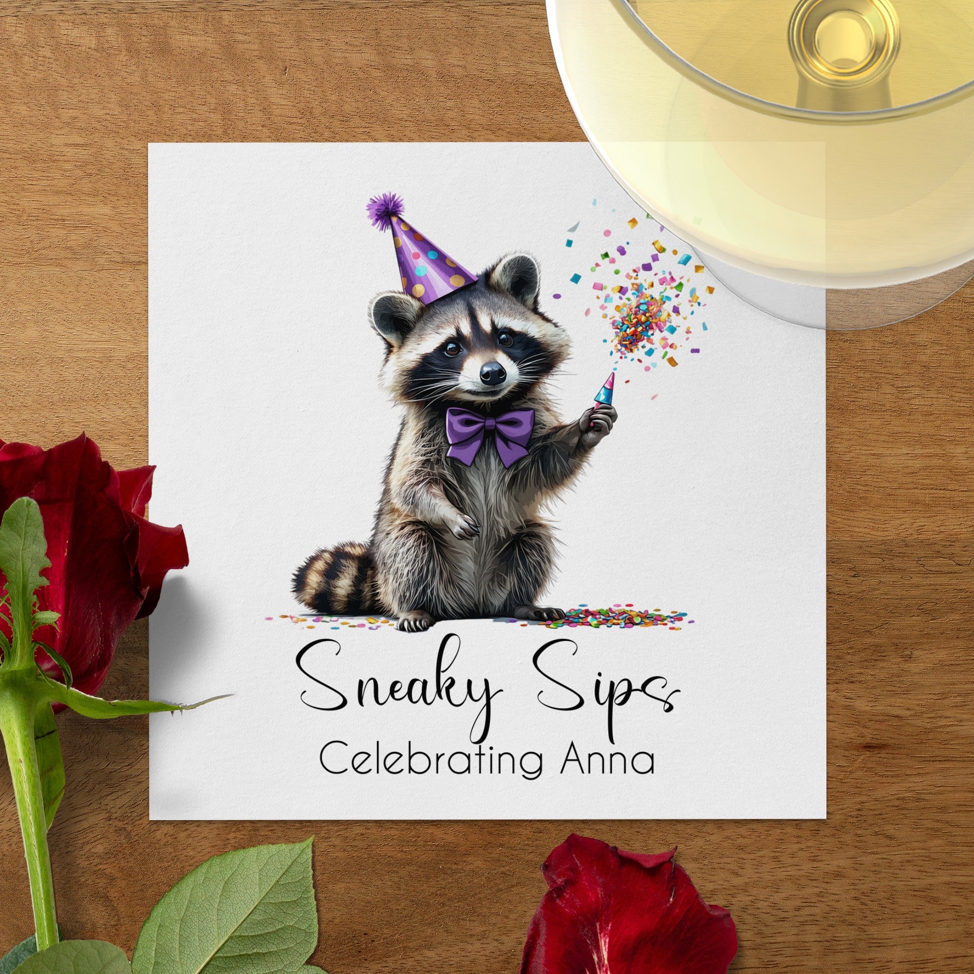 Party Raccoon Napkin, Celebrating Anna, Sneaky Sips Design, Cute Animal Napkins, Birthday Napkins, Festive Napkins