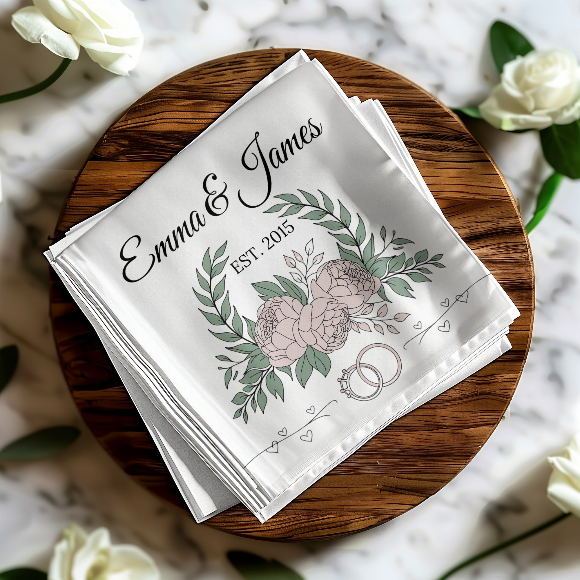 Personalized Wedding Napkins – Established Date with Rings – Custom Wedding Napkin with Floral Accents – Classic Botanical Theme