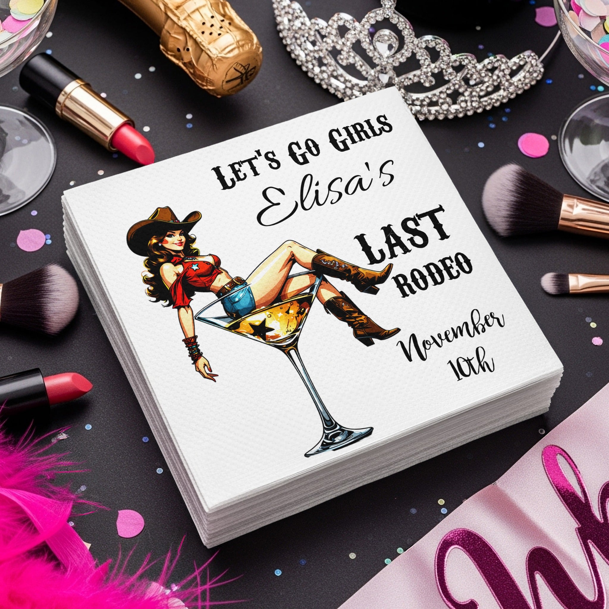 Personalized Bachelorette Napkins – Colorful Cowgirl Last Rodeo – Custom Party Napkins with Name & Date – Featuring Cocktail Glass Design