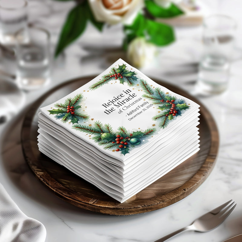 Religious Christmas Napkins – Personalized Holiday Beverage Napkin with Holly & Pine Border – Rejoice in the Miracle of Christmas