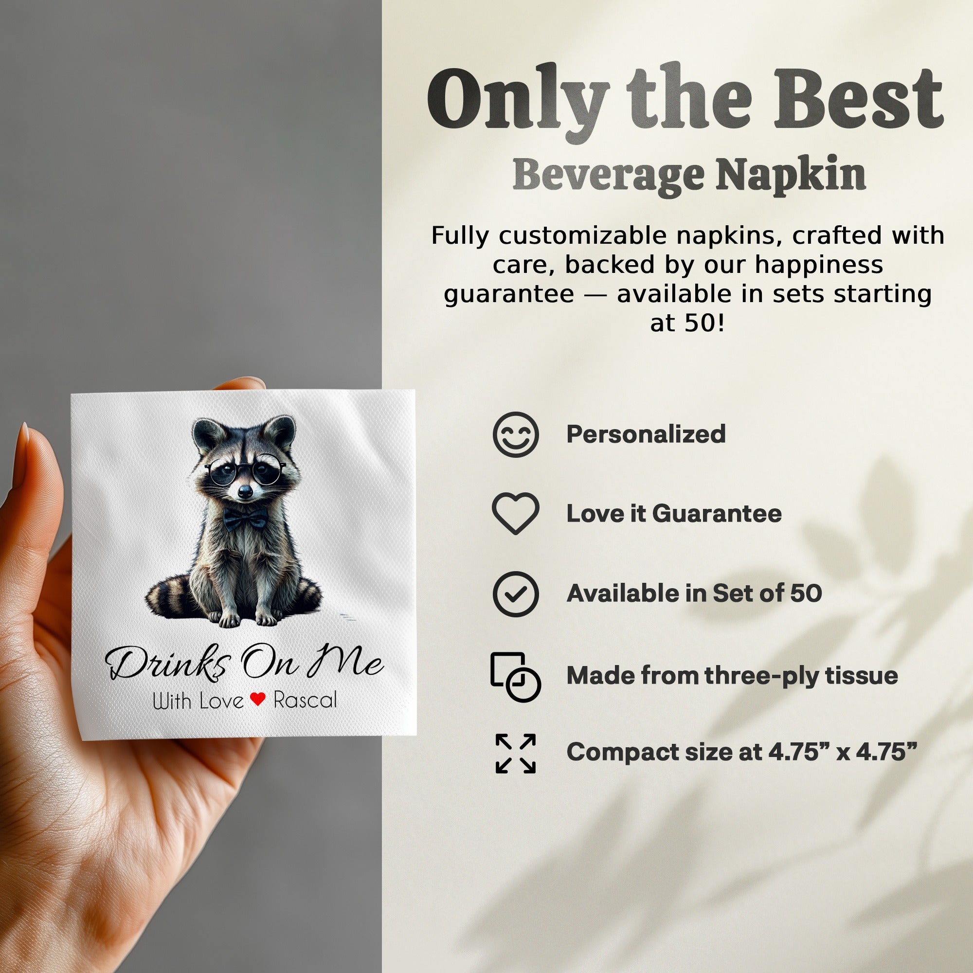 Drinks On Me Napkin, Raccoon Napkins, Funny Napkin, Animal Napkin, Party Napkins, Novelty Napkins, Cocktail Napkin, Barware Napkin