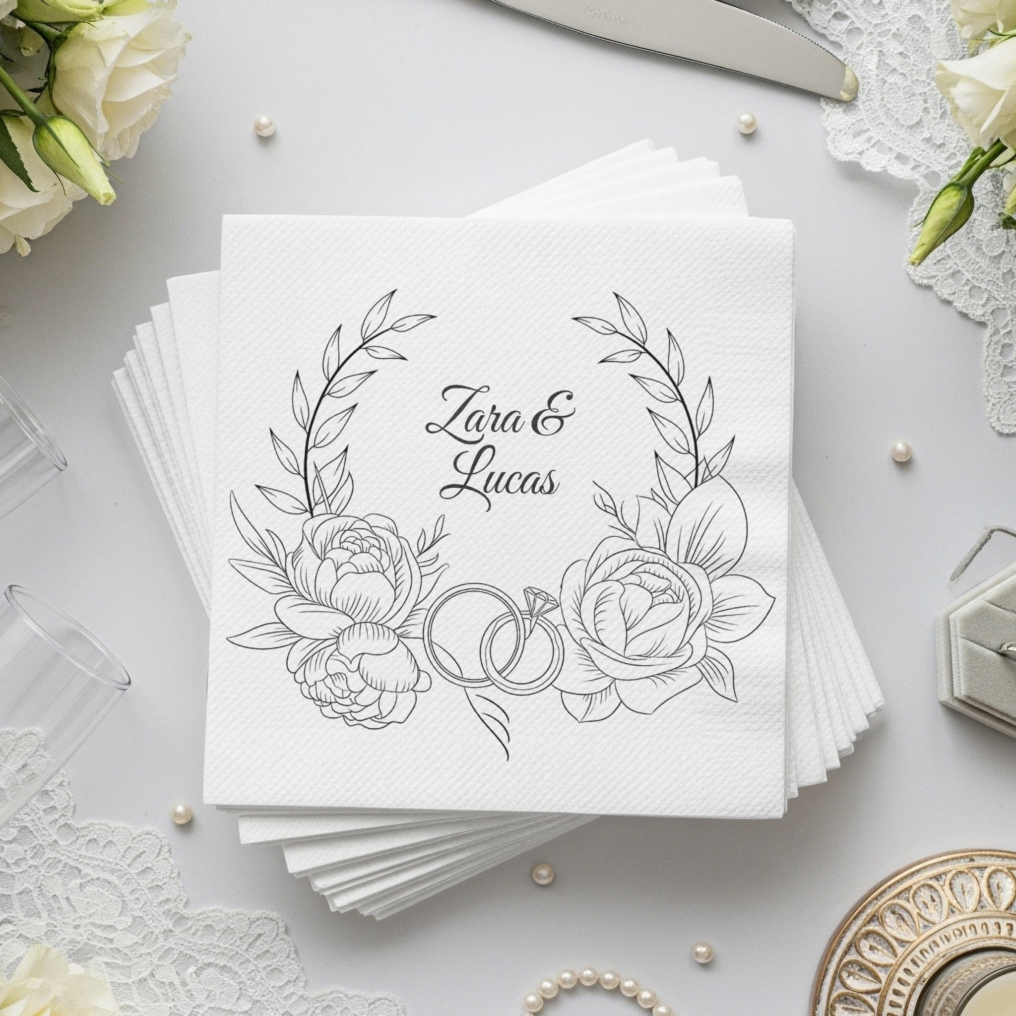 Personalized Wedding Napkins – Floral Ring Wreath – Custom Wedding Napkin with Roses & Rings – Romantic Botanical Style