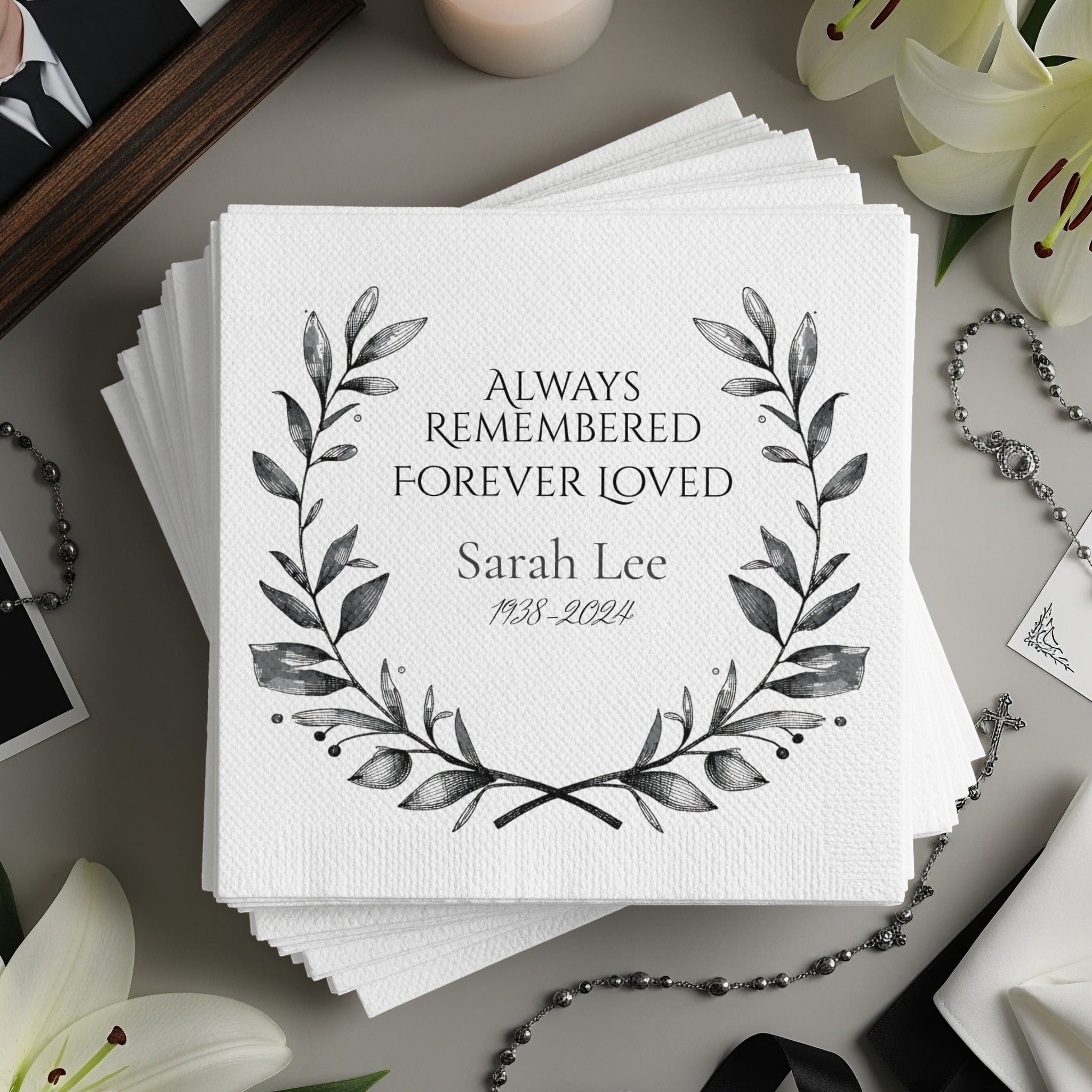 Personalized Memorial Napkins – Always Remembered, Forever Loved – Custom Funeral Napkin with Name & Years