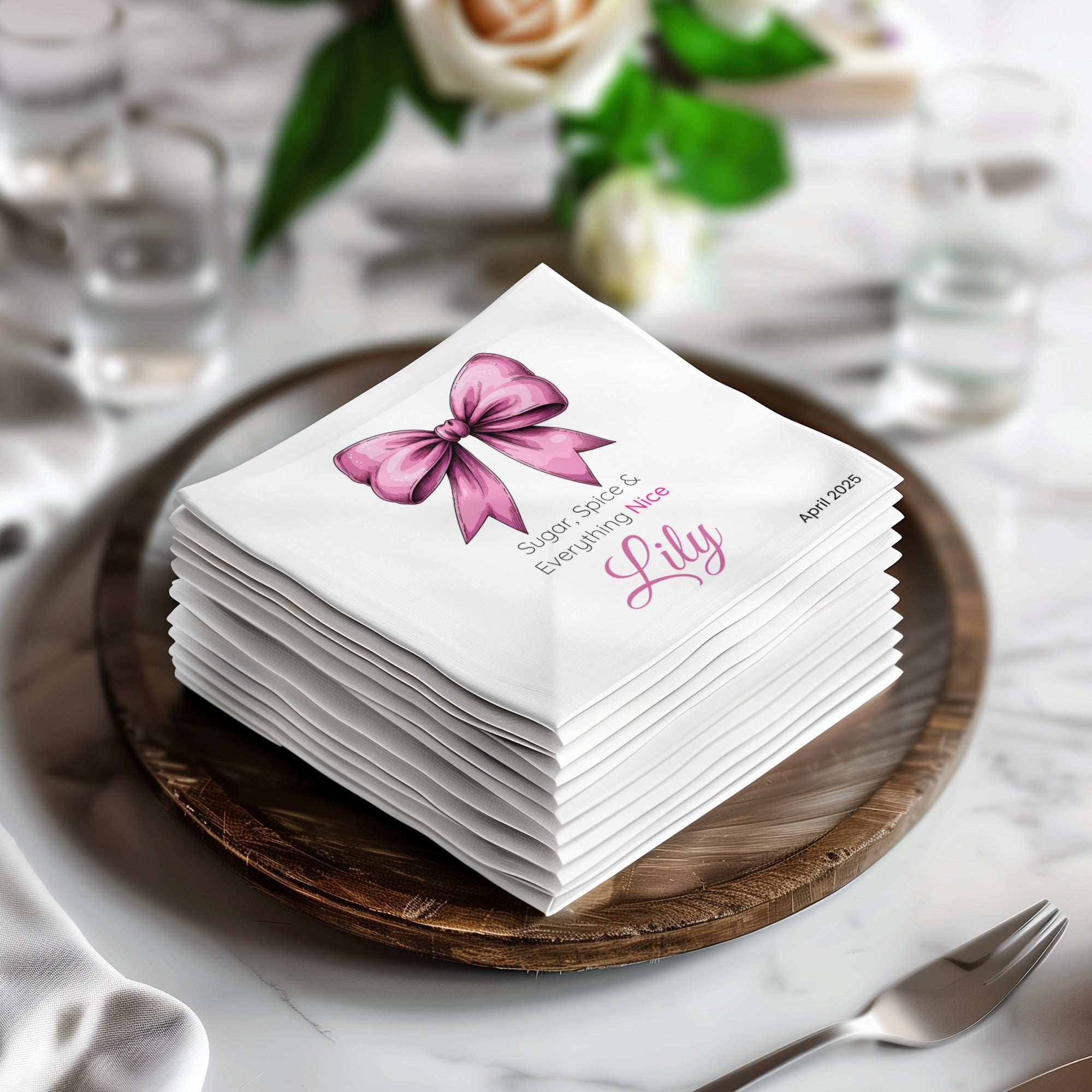 Personalized Baby Shower Napkins – Pink Bow – Sugar, Spice & Everything Nice – Custom Baby Shower Napkin with Satin Bow Artwork