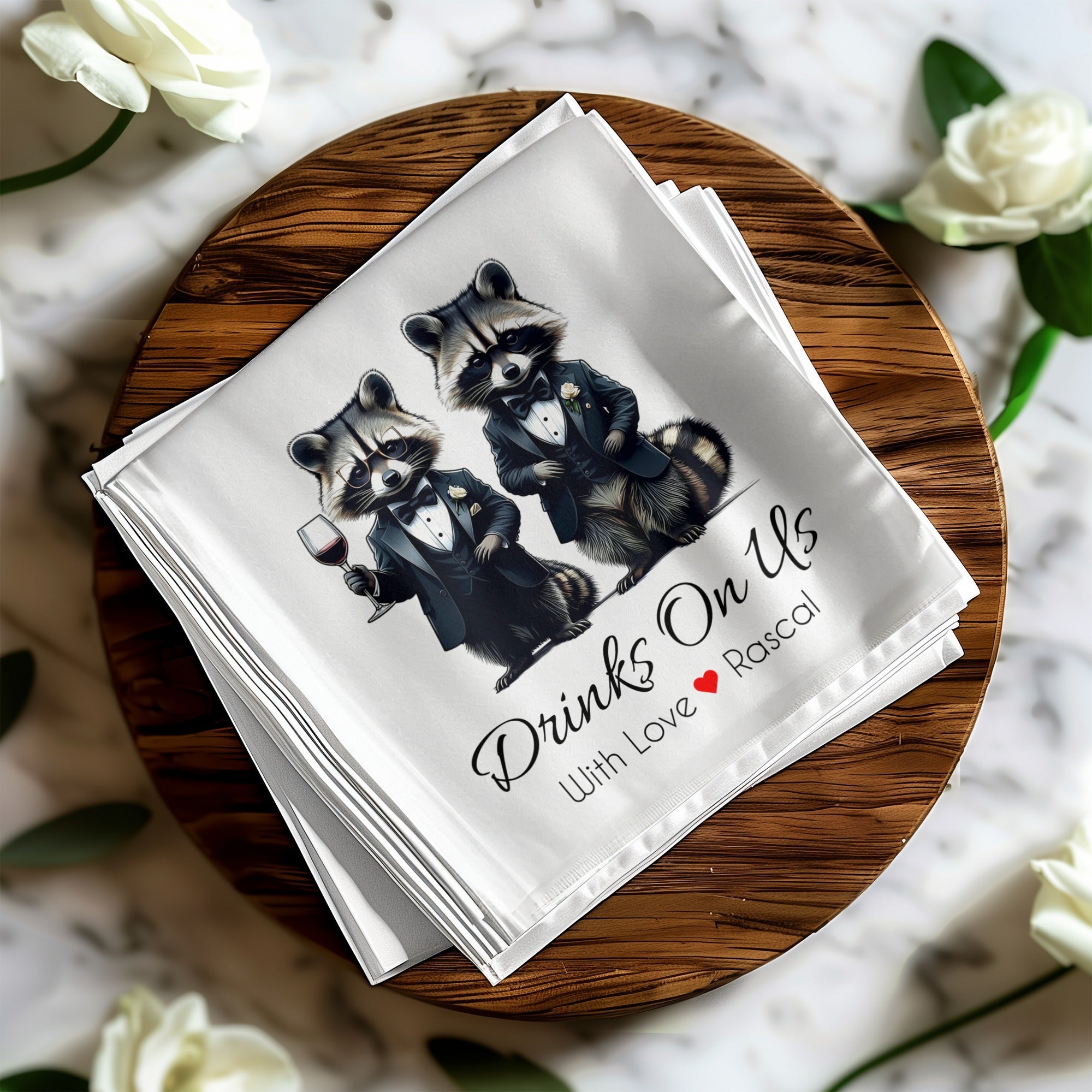 Tuxedo Raccoon Napkin, Funny Raccoon Napkin, Drinks On Us Napkin, Cute Animal Napkin, Party Napkin, Host Gift, Wedding Napkin