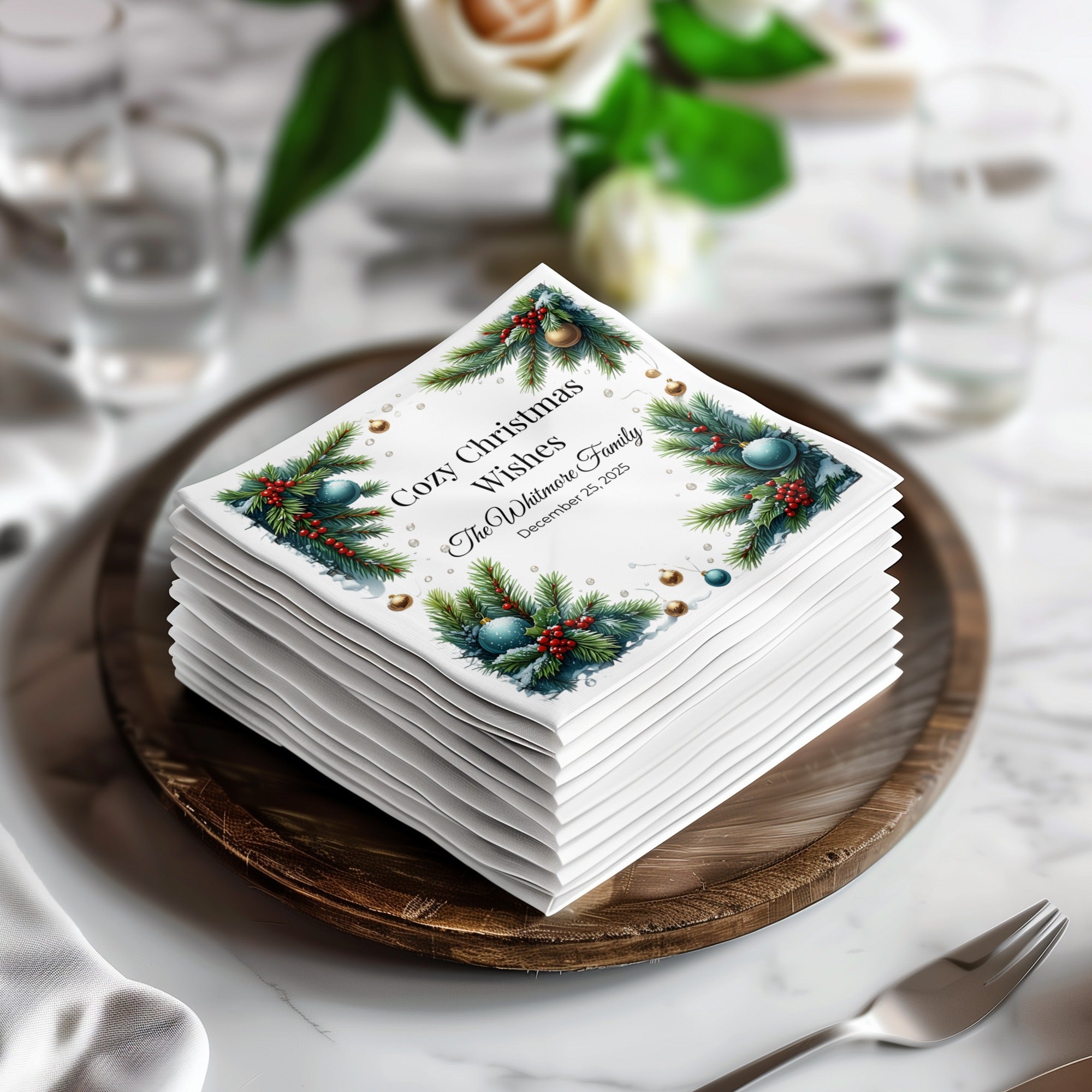 Cozy Christmas Napkins – Personalized Holiday Beverage Napkin with Family Name – Festive Pine & Ornament Design