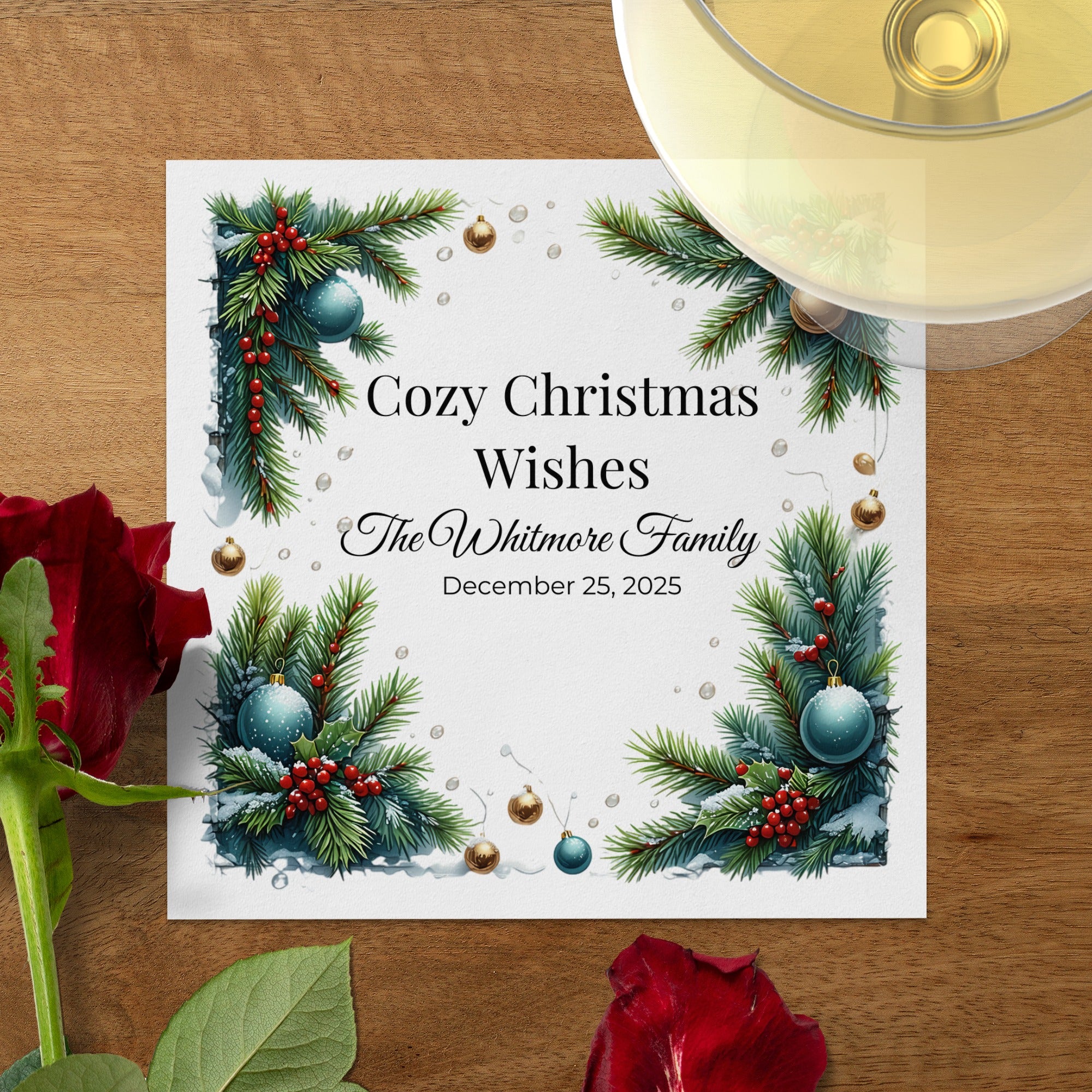 Cozy Christmas Napkins – Personalized Holiday Beverage Napkin with Family Name – Festive Pine & Ornament Design