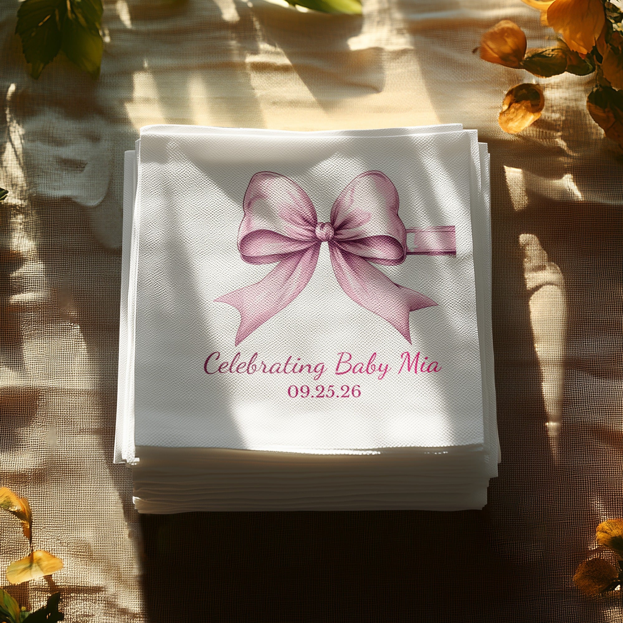 Personalized Baby Shower Napkins – Celebrating Baby – Elegant Pink Bow – Custom Baby Shower Napkin with Date Line