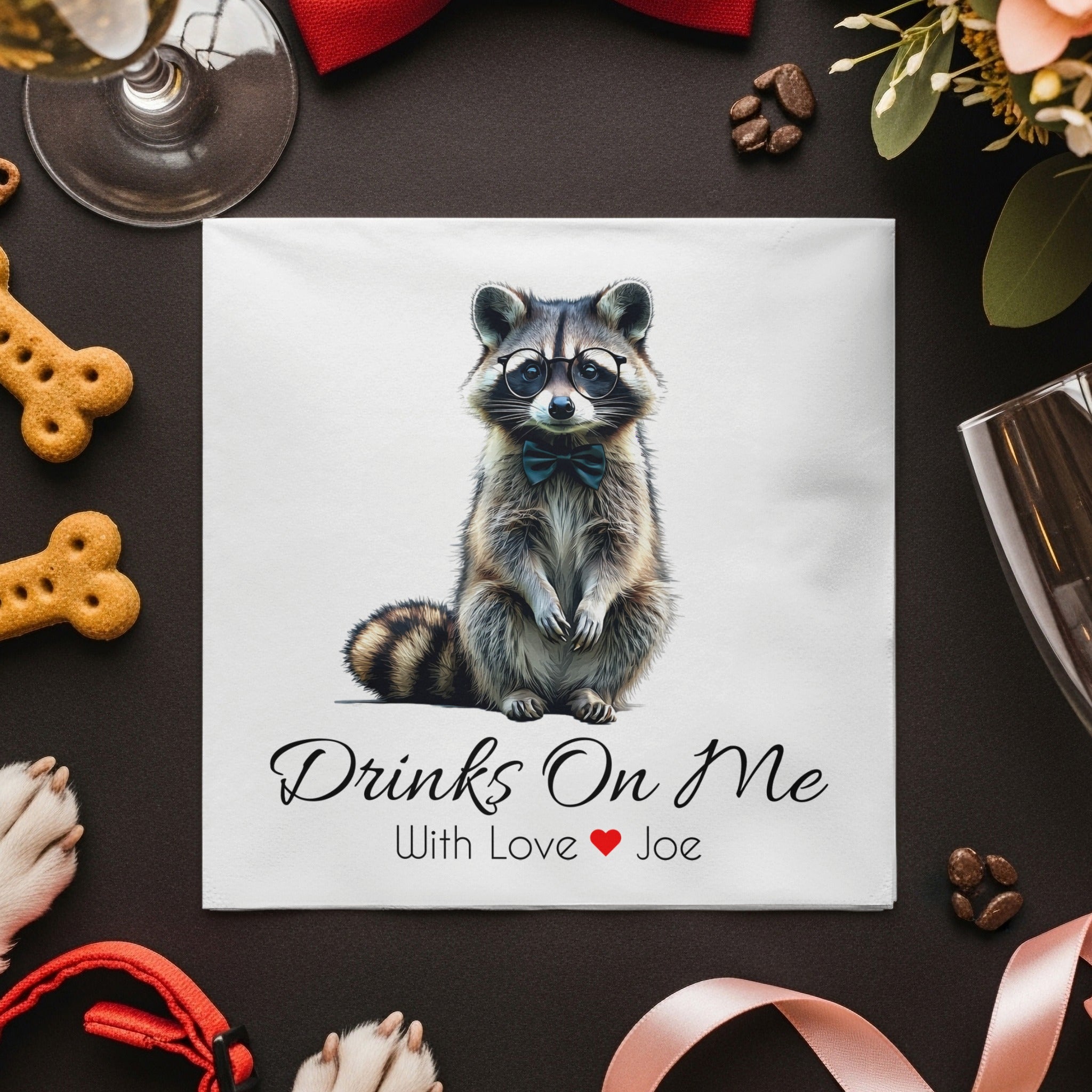 Drinks On Me Napkin, Raccoon Napkin, Animal Lover Gift, Funny Raccoon, Bowtie Napkin, Cute Animal, Party Napkin, Raccoon Art